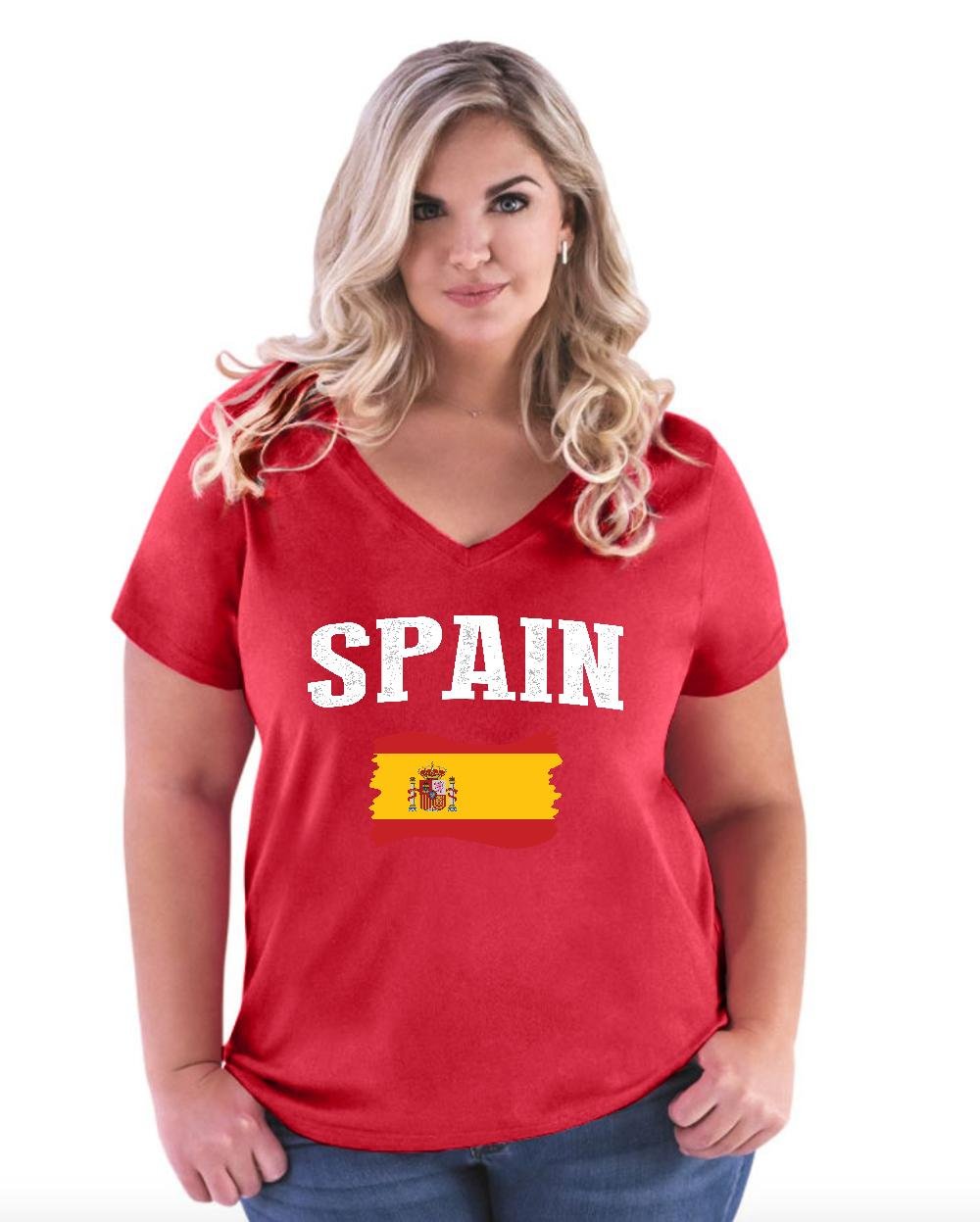Spain Flag Graphic V-Neck T-Shirt for Women - Plus Size & Curvy Fit Travel Gift - Perfect for Vacations, National Pride & Casual Outfits