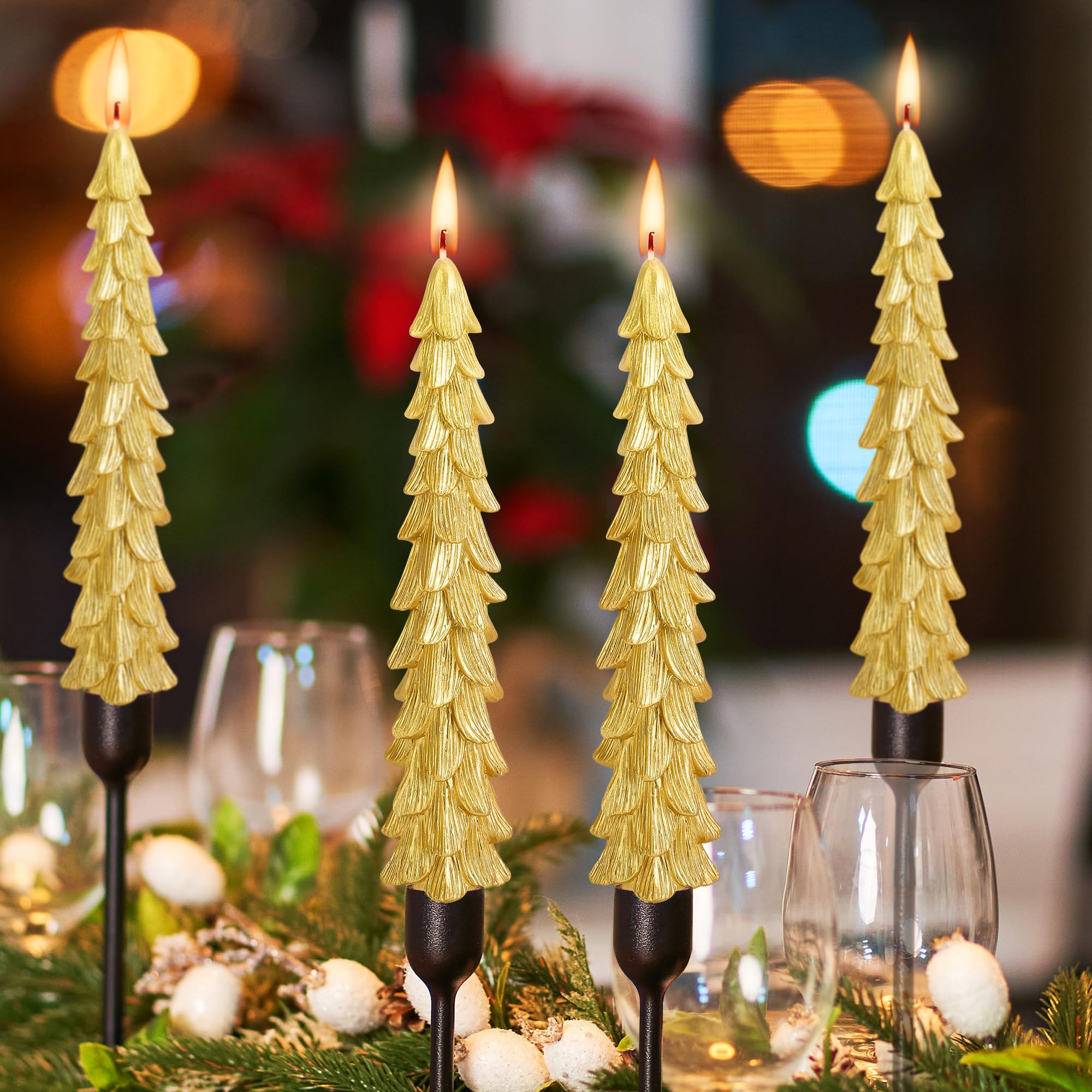 Gold Christmas Tree Candles - 10 Inch Unscented Tapers for Holiday Decor