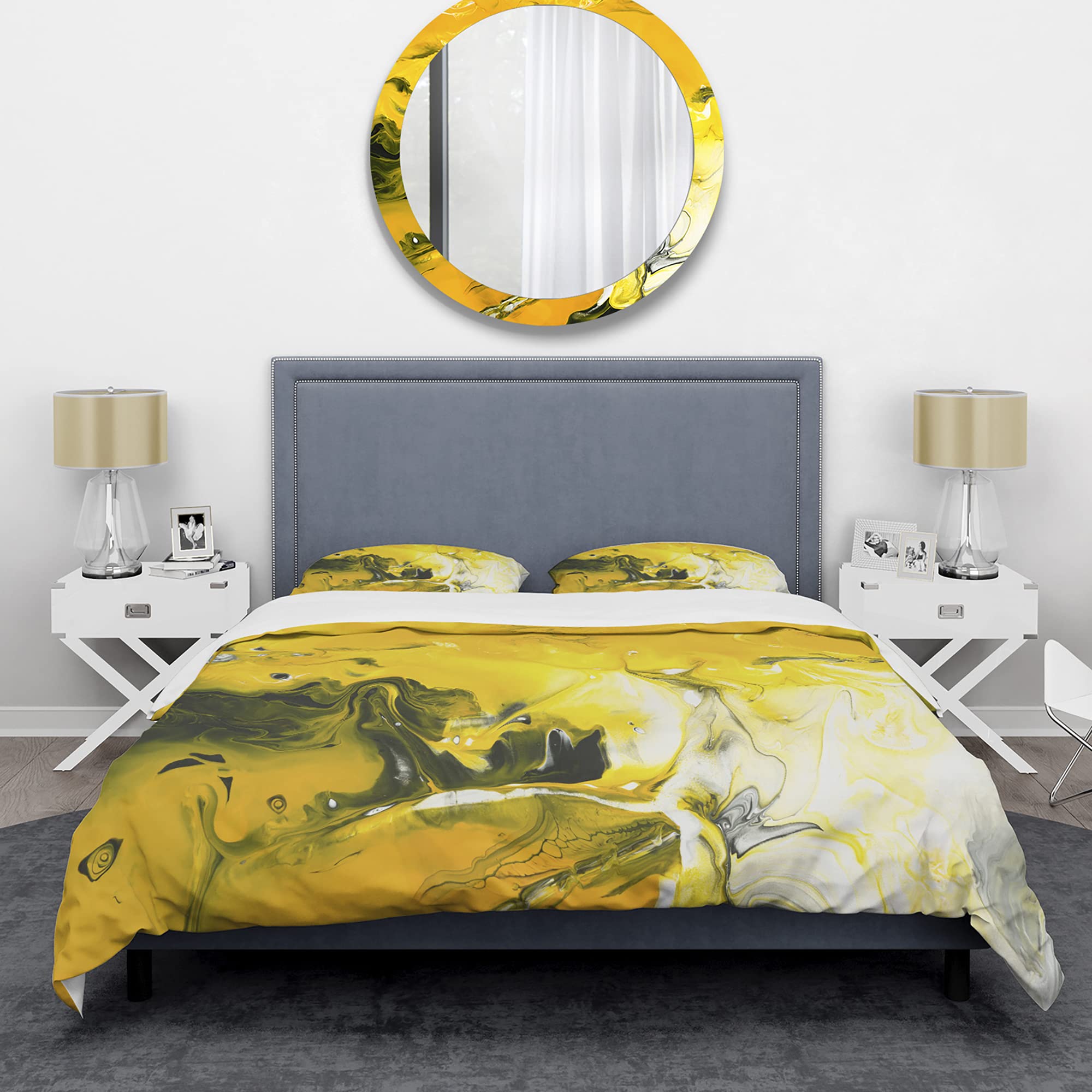 Yellow Acrylic Hand-Painted Marble Duvet Cover Set King Size - 3 Piece Abstract Modern Bedding Set for All Seasons | Contemporary Luxury Bedroom Decor for Master & Guest Rooms