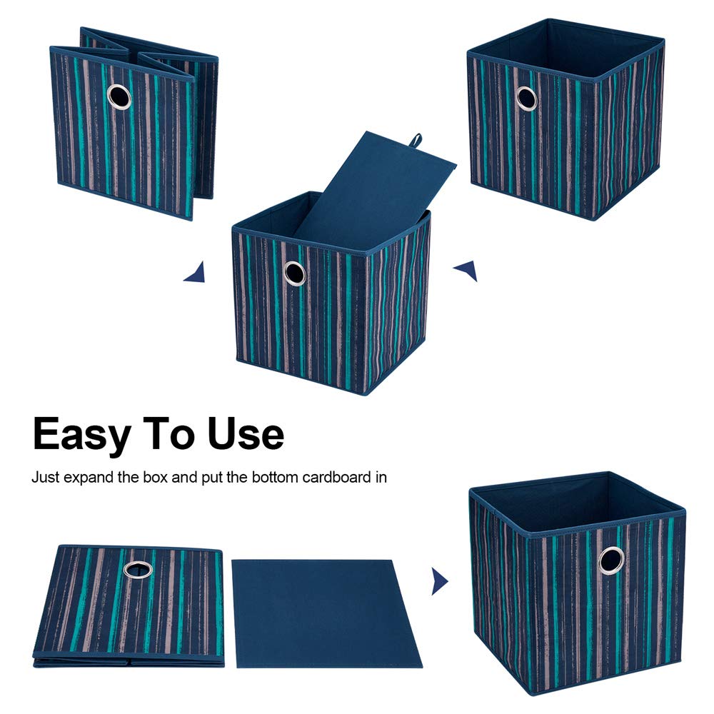 Blue Teal Printed Vertical Stripe Fabric Storage Cubes 11x11x11 Inch - Foldable Cube Bins, Storage Baskets & Drawer Inserts for Closet, Office, Nursery Organization (Set of 6) - Perfect for Home, Dorm & Classroom Organization