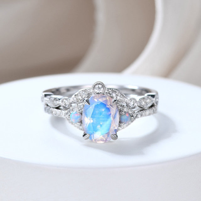 Natural Rainbow Moonstone & Moissanite Oval Bridal Engagement Ring Set - Perfect for Proposals, Weddings, and Anniversary Gifts