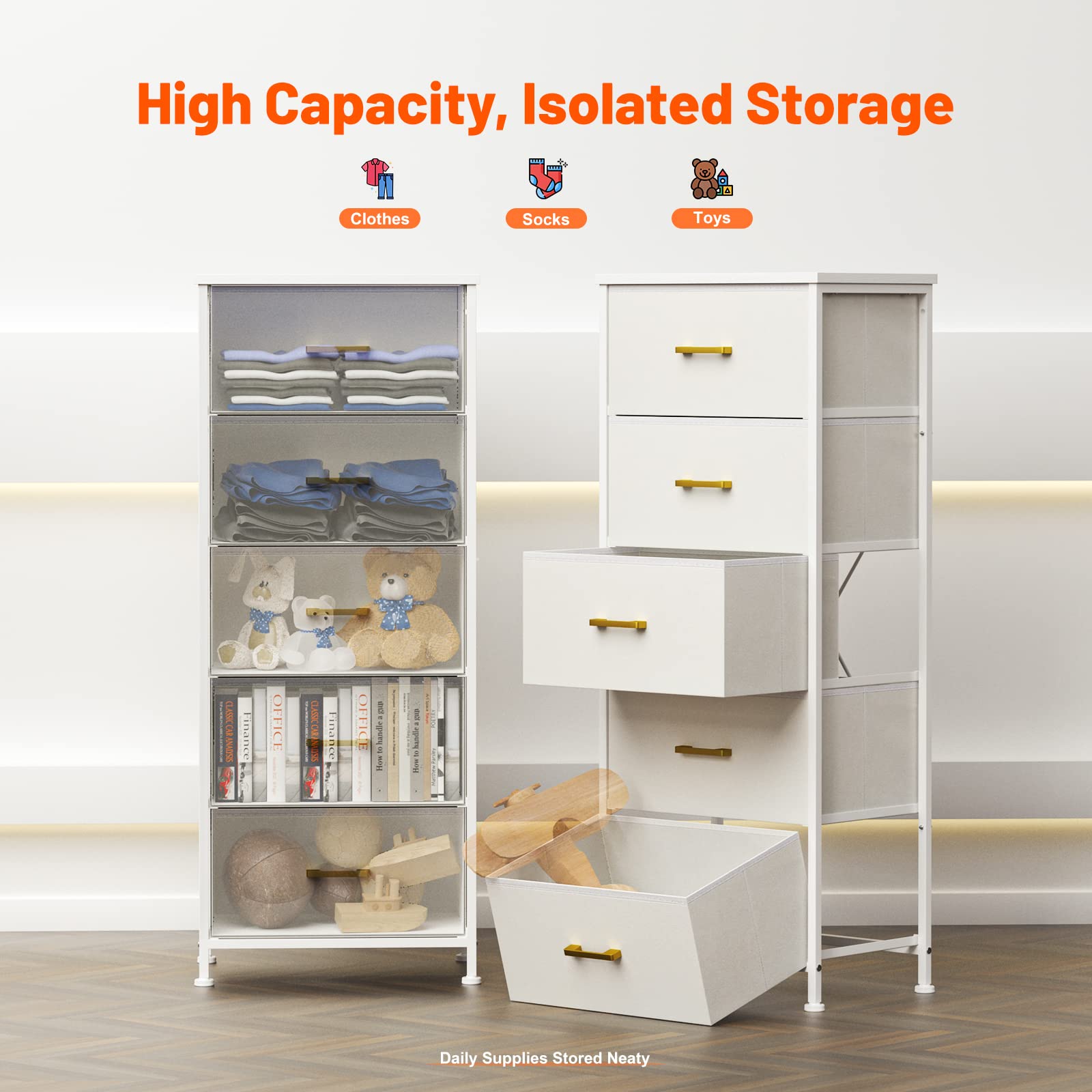 5-Drawer White Dresser for Bedroom - Tall Storage Tower with Sturdy Steel Frame & Wood Top | Fabric Bins & Leather Finish | Perfect for Closet, Living Room & Nursery Organization (Glacier White) | Space-Saving Home Furniture Solution