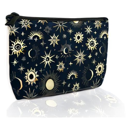 Stylish Gold Boho Cosmetic Bag for Women - Moon & Stars Design Makeup Pouch (9.5×5.9 Inch) | Travel Toiletry Organizer, Funny Zipper Purse Gift Idea | Perfect for Daily Use, Vacation Trips & Birthday Presents