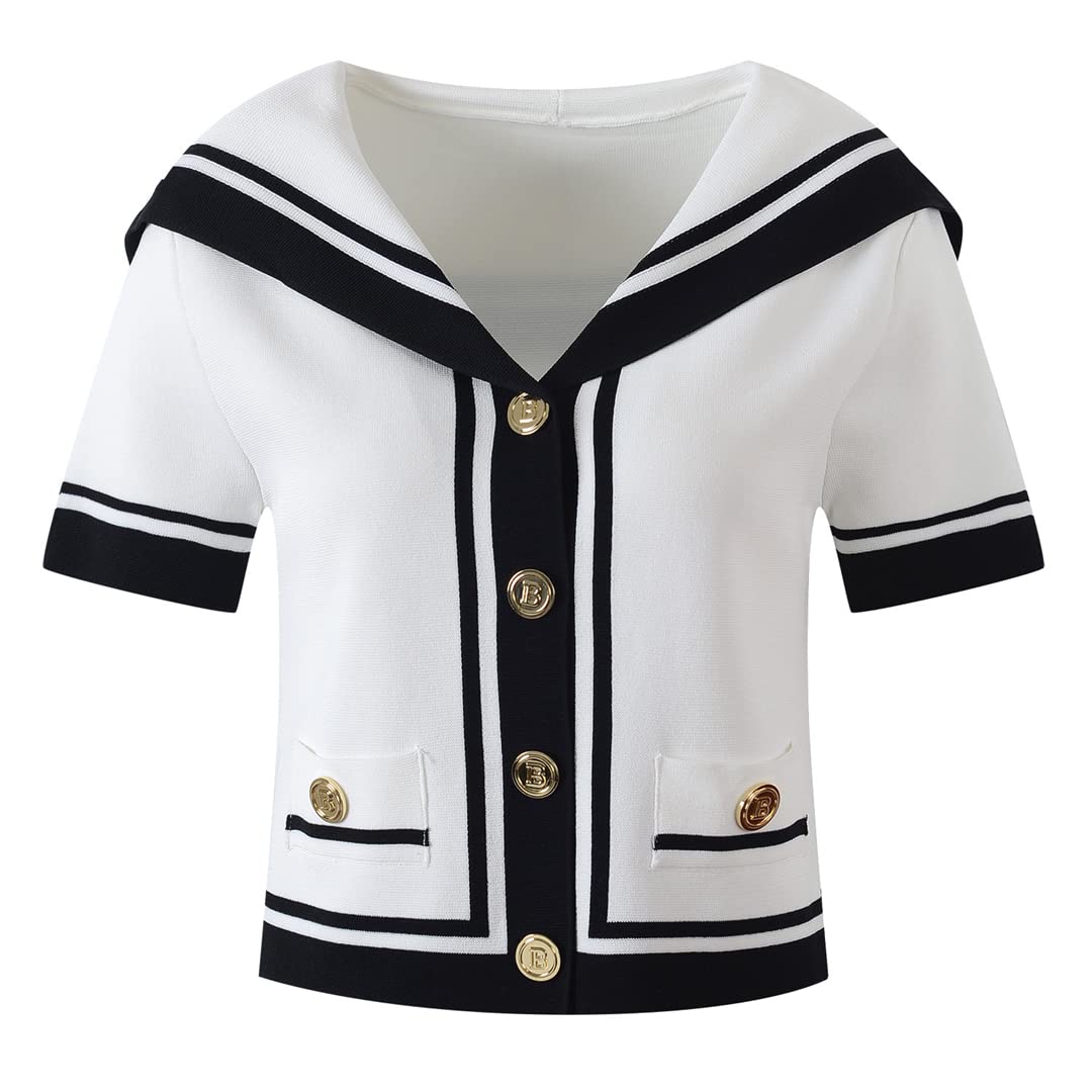 Korean Striped Knitted Cardigan for Women - Summer Short Sleeve White Top M | Casual Outfit, Beach Cover-Up, Office Wear