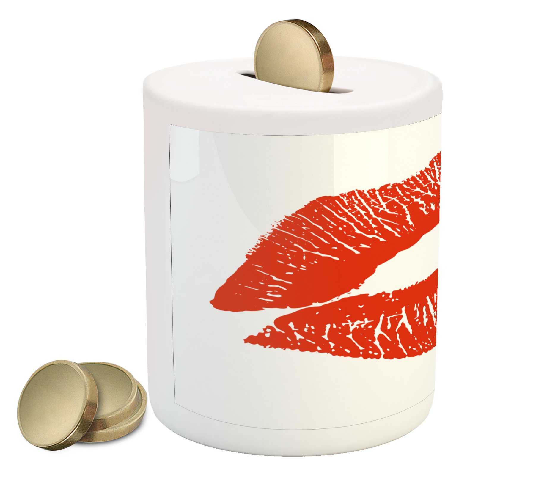 Ambesonne Kiss Piggy Bank - Ceramic Money Box with Seductive Lips Print, White & Vermilion Coin Bank for Cash Savings | Perfect for Valentine's Gift, Home Decor & Unique Piggy Bank Collection