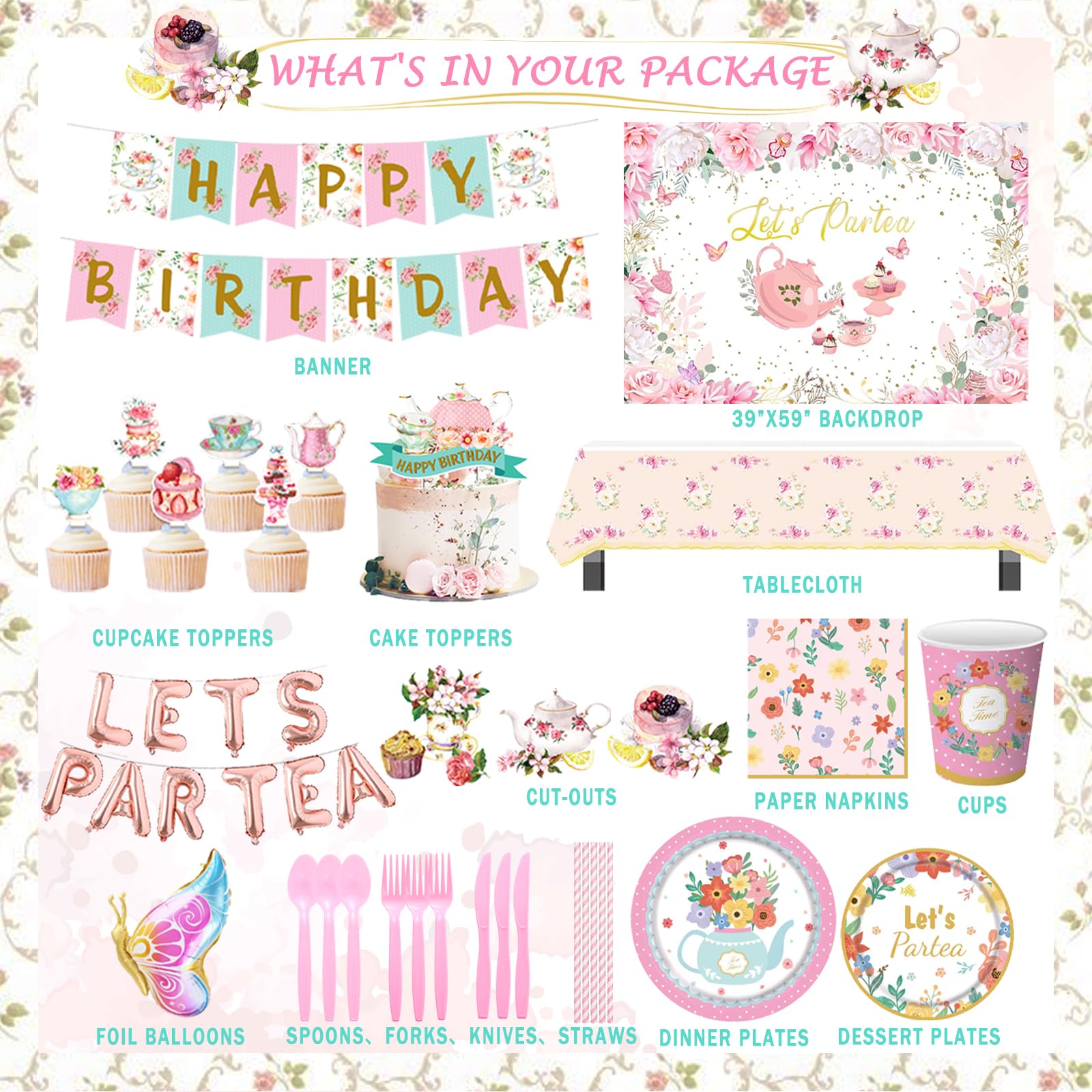 Elegant Tea Party Decorations Set - Teapot Floral Backdrop, Balloon Banner, Tablecloth, Plates, Napkins, Cups, Straws, Cutlery (Forks, Knives, Spoons) - Perfect for Birthday, Baby Shower & Bridal Tea Party Decor