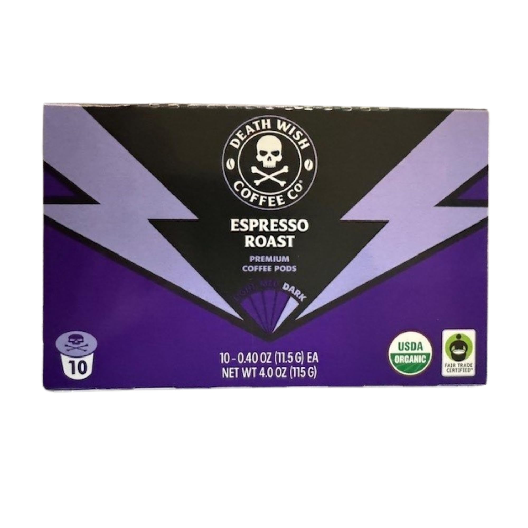 Death Wish Coffee Co. Espresso Roast Single Serve Coffee Pods - Strongest Fair Trade Organic Coffee (10 Count) - Perfect for Home & Office Brewing
