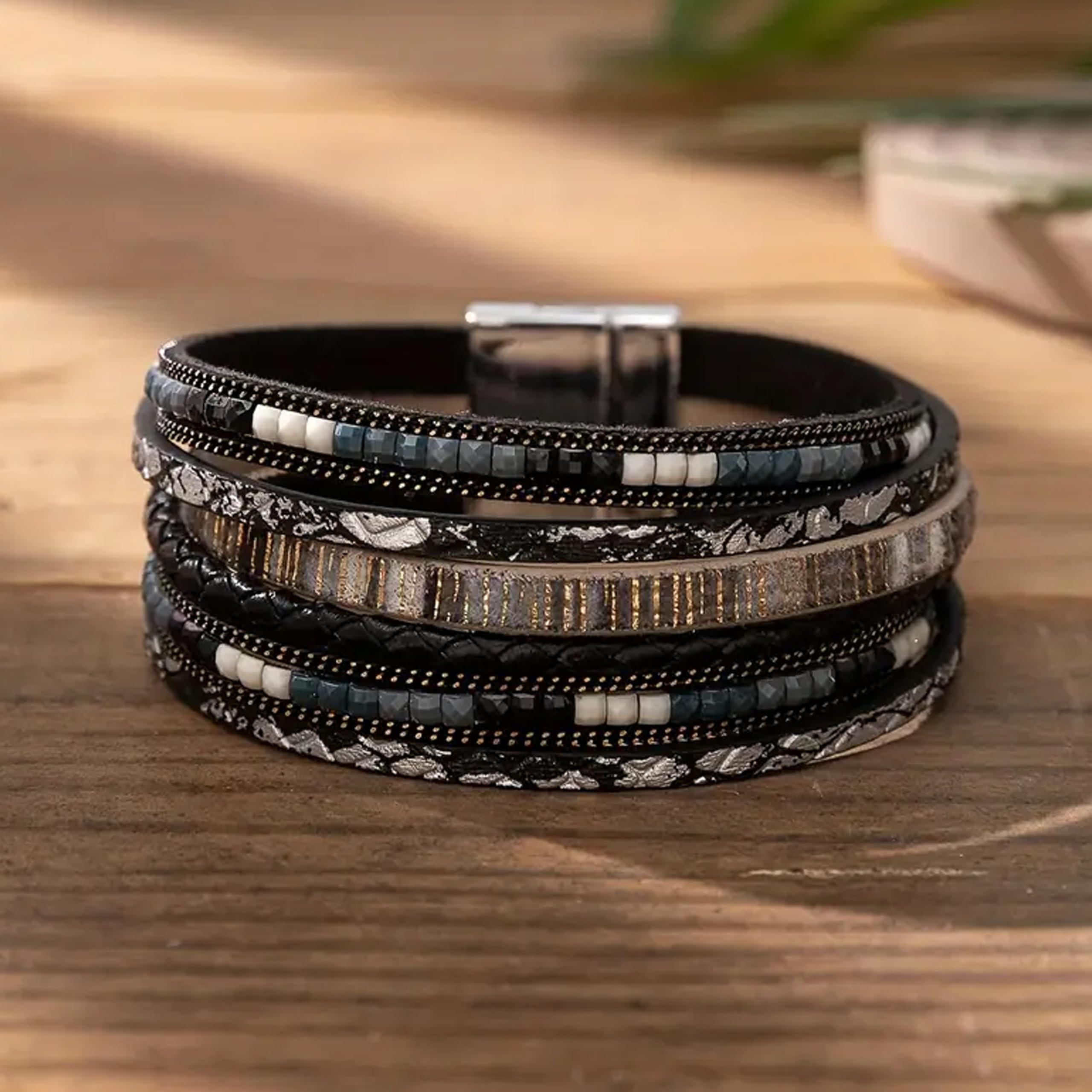 Trendy Blue Leather Wrap Bracelet for Women - Stackable Multi-Layer Western Cuff Bracelet | Perfect for Boho Fashion, Layered Jewelry Looks & Everyday Accessories