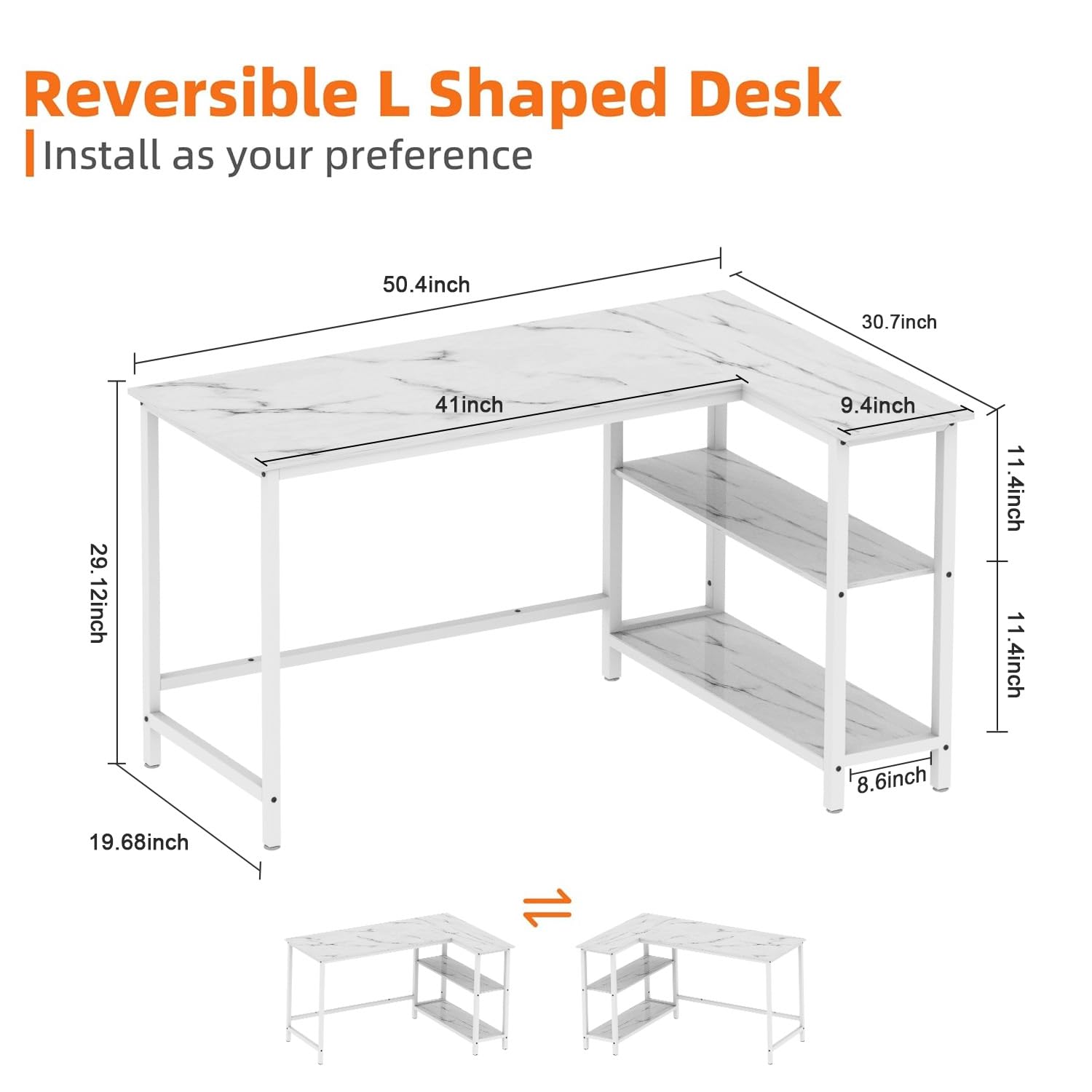 WOODYNLUX 50 Inch Computer Desk with Shelves - Sturdy Gaming & Writing Desk, Study PC Table Workstation with Storage | Home Office, Living Room, Bedroom | White Metal Frame | Perfect for Remote Work, Online Classes & Gaming Setup