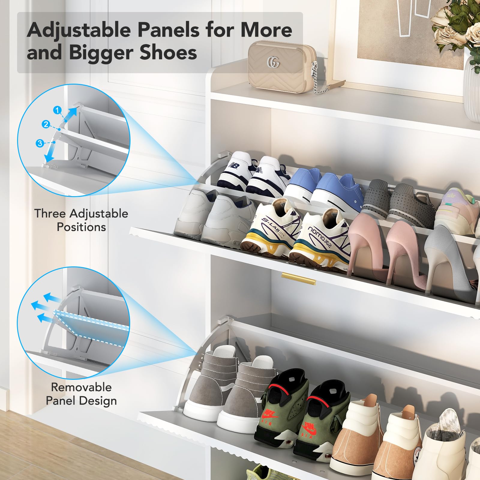 White Slim Wooden Shoe Storage Cabinet with 2 Flip Drawers - Freestanding Shoe Organizer with Cubby & Shelf for 24 Pairs - Perfect for Entryway, Hallway, Closet or Bedroom Organization