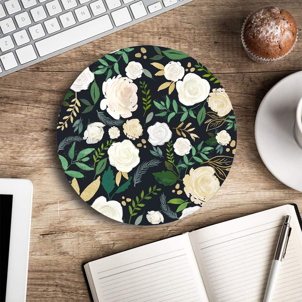 Floral Round Mouse Pad - Non-Slip Rubber Base & Washable Lycra Cloth - Small Wireless Mouse Pad for Office, Laptop, Gaming & Home Use - Beautiful Flower Design Computer Accessory