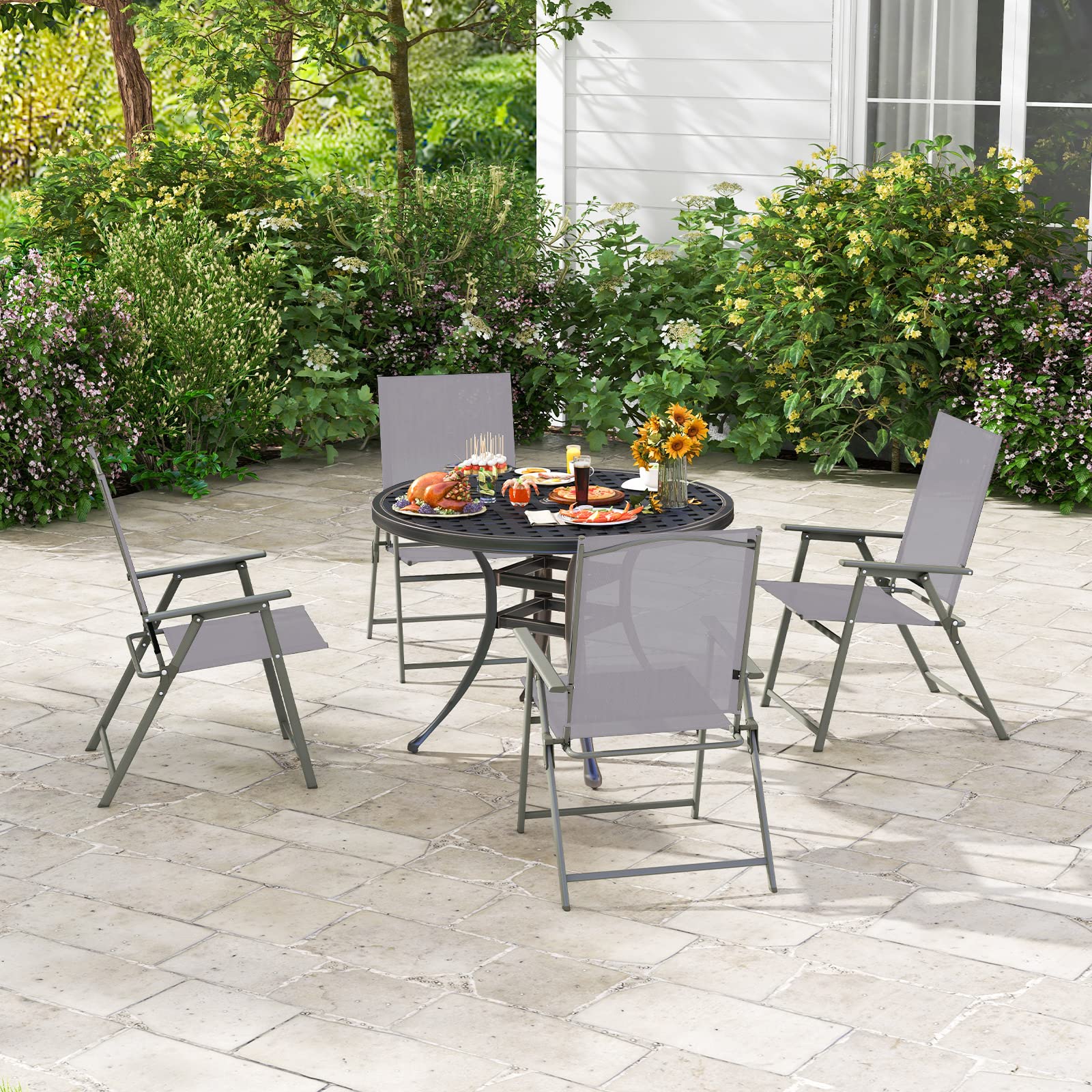 Giantex 4-Pack Folding Patio Chairs Set - Rustproof Metal Frame Outdoor Lawn Chairs for Porch, Deck, Garden, Backyard & Camping - Portable Dining Chairs (Gray) - Perfect for Outdoor Gatherings, BBQs, Picnics and Beach Trips