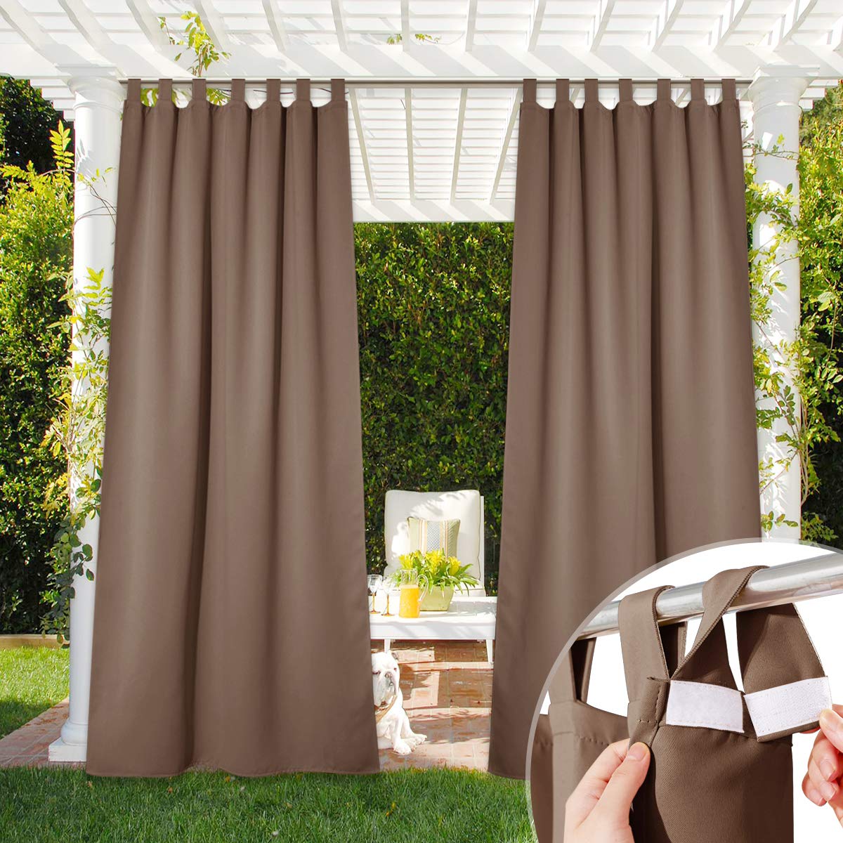 NICETOWN Waterproof Outdoor Porch Curtains - Blackout Self-Stick Tab Top Patio Divider, 1 Pack (52x84 Inches, Tan) - Perfect for Pergolas, Patios & Backyard Privacy Protection