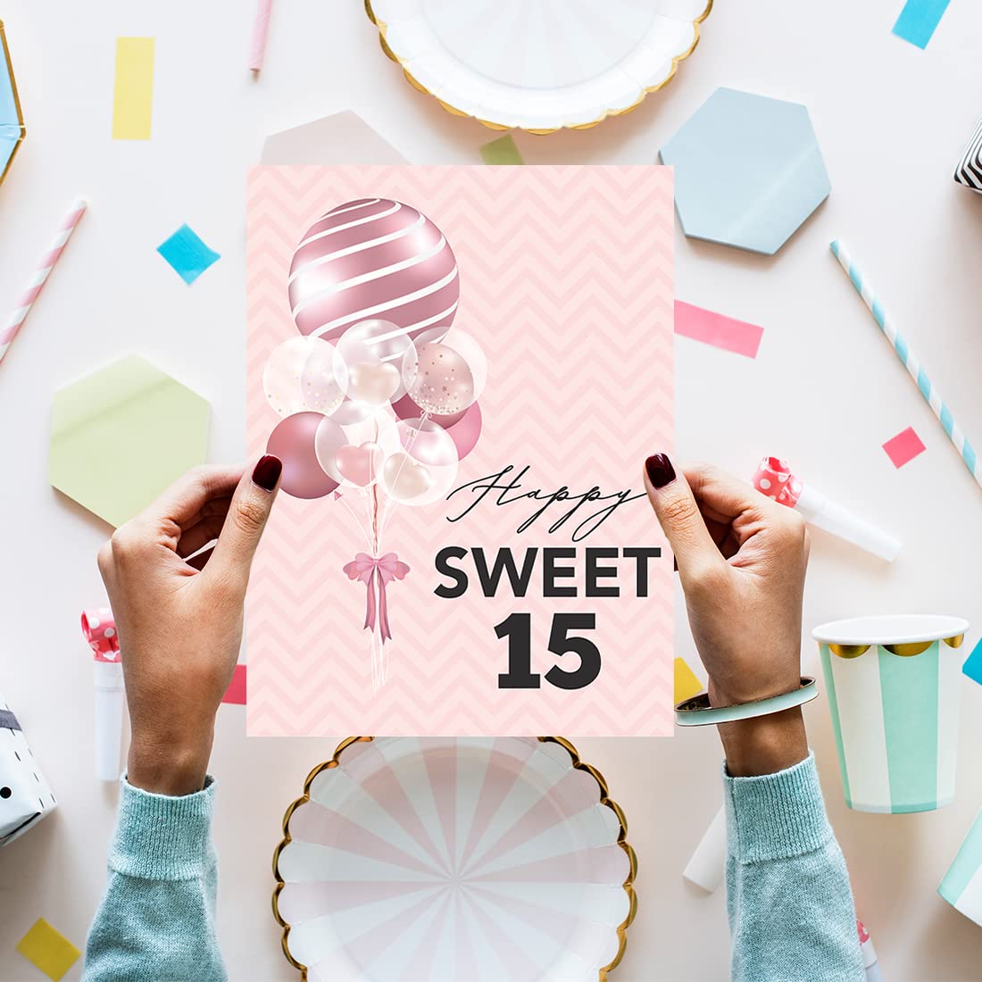 Jumbo Happy Birthday Card for 15th Birthday - Sweet Fifteen Balloon Design Greeting Card with Envelope (8.5