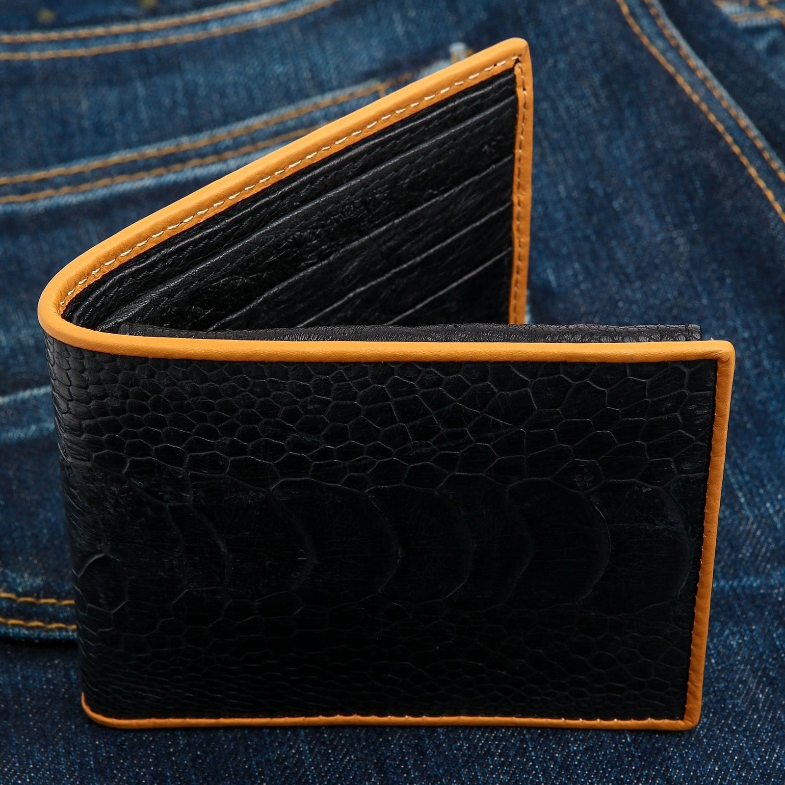 Authentic Black Ostrich Leg Leather Wallet for Men - Luxury Slim Bifold Credit Card Holder with RFID Protection - Perfect for Business, Travel & Everyday Use