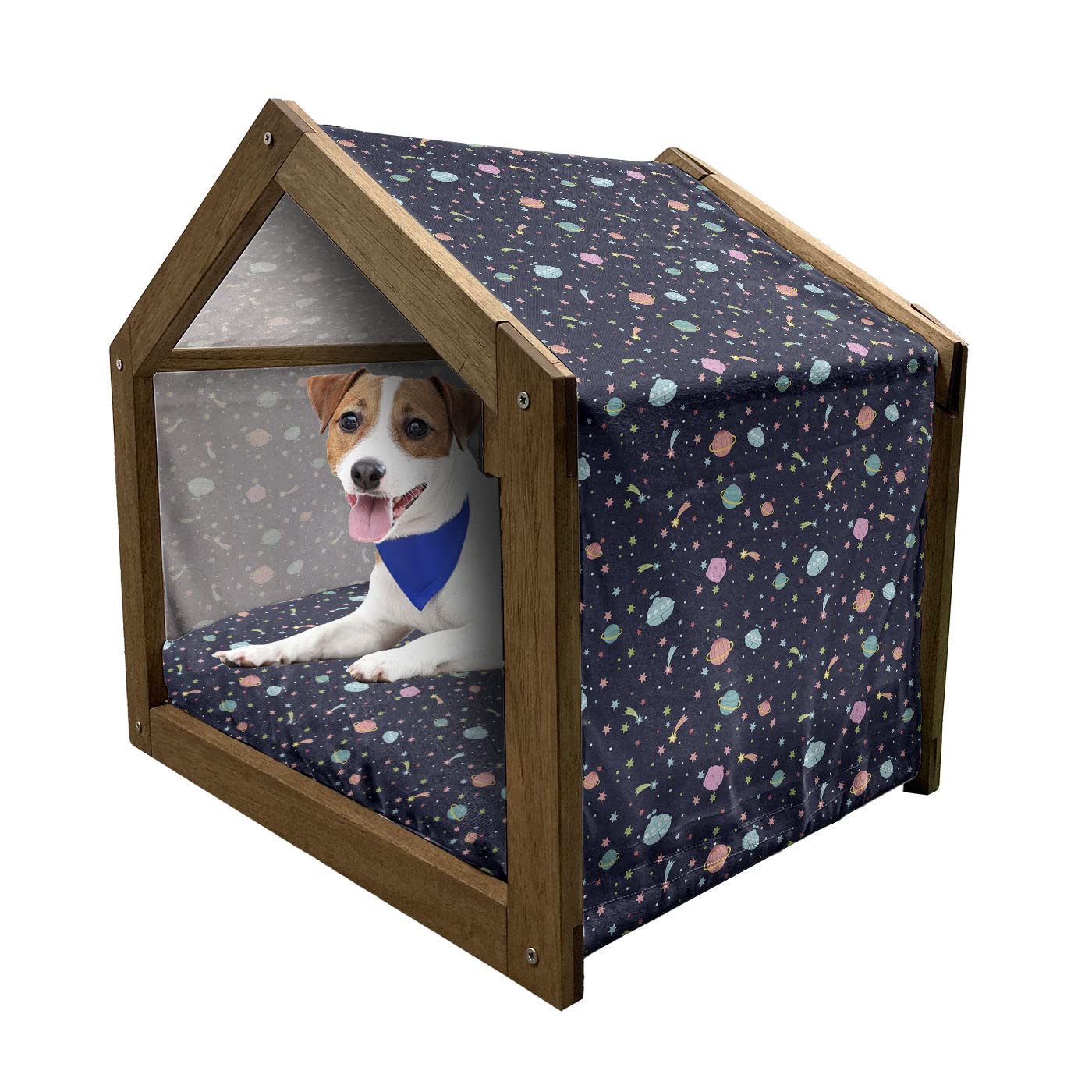 Ambesonne Space-Themed Wooden Dog House - Indoor & Outdoor Pet Kennel with Pillow & Cover, Large Multicolor Galaxy Design (Alien Planets, Shooting Stars, Polka Dots) - Perfect for Backyard, Patio, or Living Room Pet Comfort