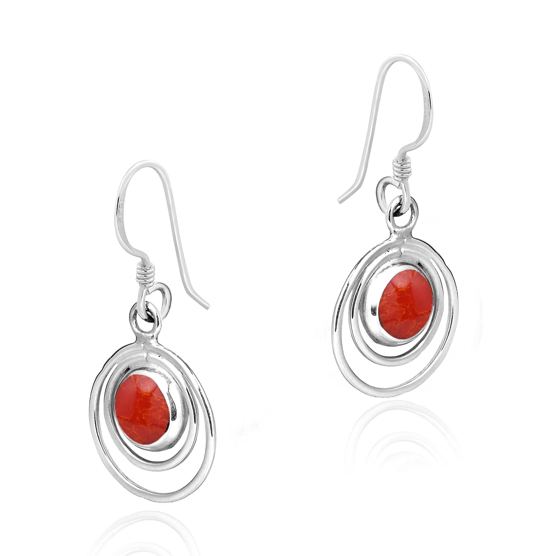 AeraVida Sterling Silver Red Coral Dangle Earrings for Women | .925 Silver Elegant Orbital Design Jewelry | Bold Statement Earrings for Party, Wedding & Evening Occasions