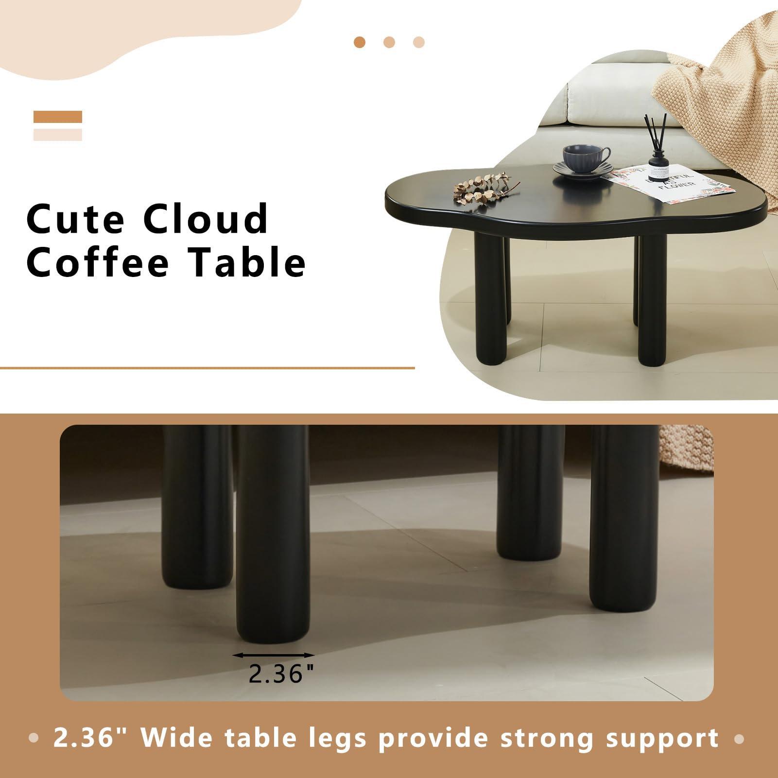 MAXYOYO Modern Irregular Shape Cloud Coffee Table with 4 Sturdy Legs - Stylish Black Accent Table for Living Room, Bedroom or Office Decor
