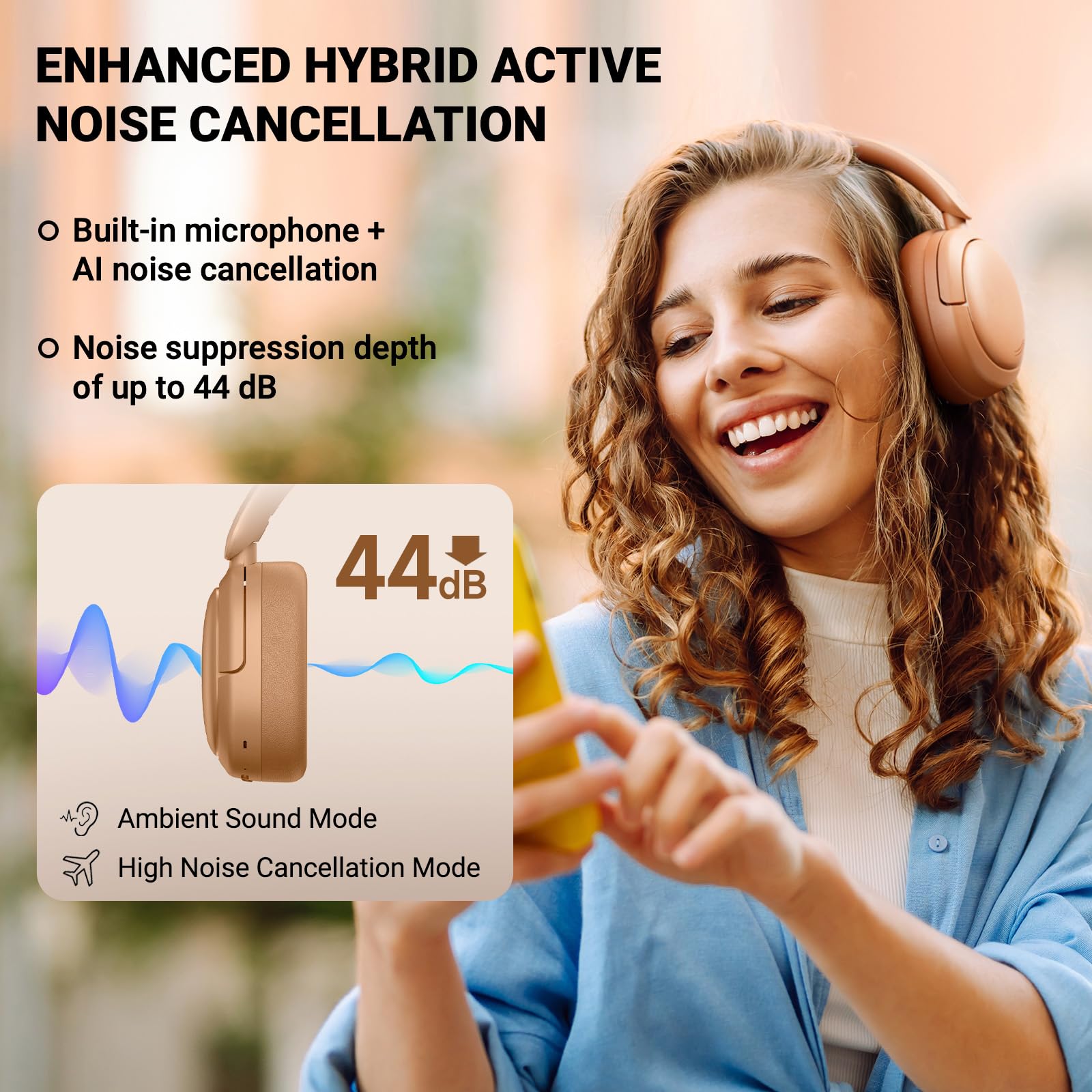 Edifier V80 Hybrid Active Noise Cancelling Wireless Headphones - True Wireless Over Ear Bluetooth Headset with 45H Playtime, Hi-Res Audio, Fast Charging & Multipoint Connection - Perfect for Travel, Home & Office (Brown)