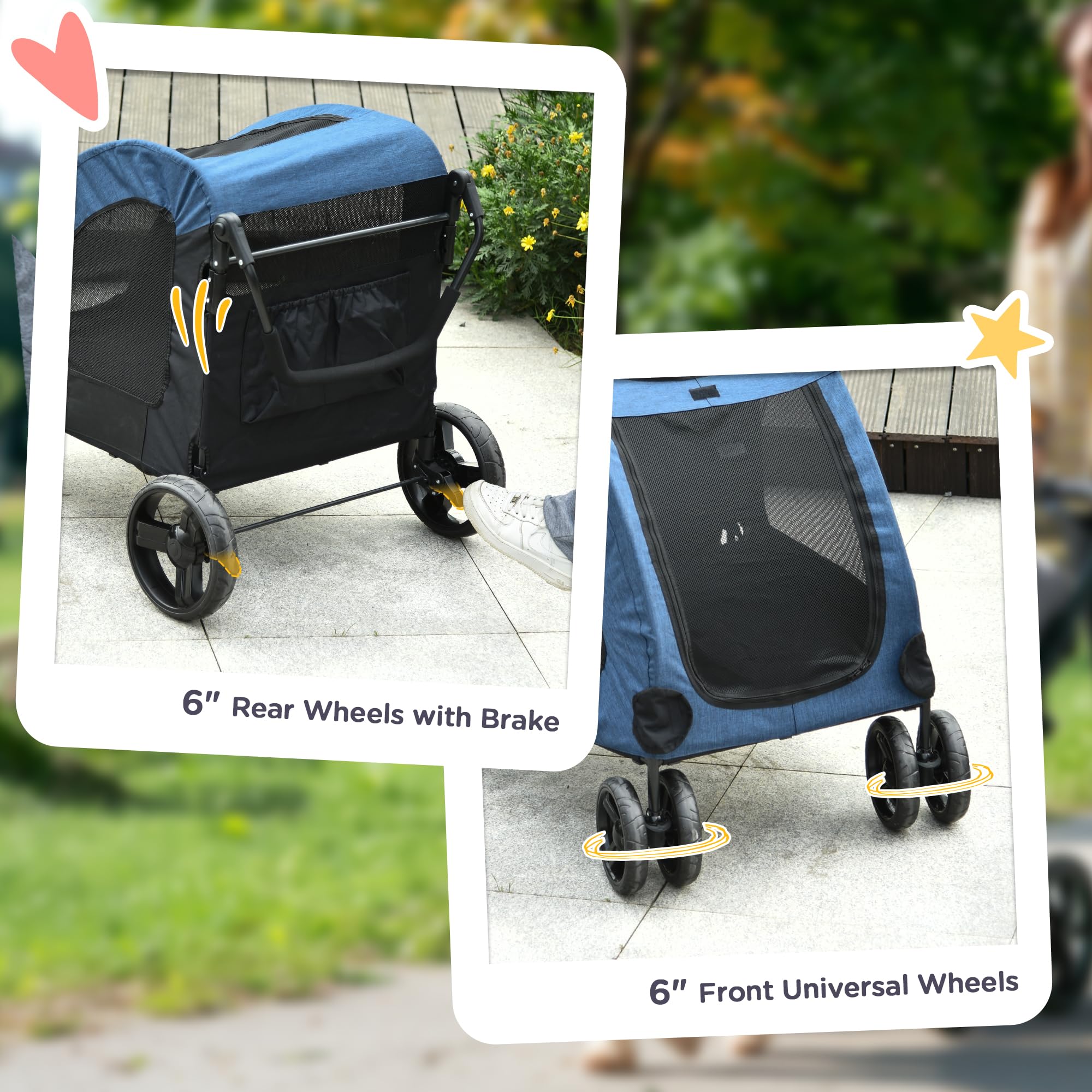 PawHut 4-Wheel Folding Pet Stroller for Medium & Large Dogs - Universal Wheels, Storage Basket & Safety Leash - Blue | Perfect for Outdoor Walks, Vet Visits & Shopping Trips