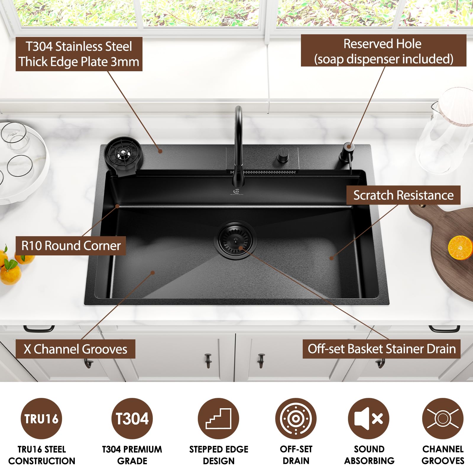 33x22 Inch Black Drop-in Single Bowl Kitchen Sink with Faucet - 16 Gauge Stainless Steel Luxury Workstation Includes 8 Accessories (Glass Rinser & Soap Dispenser) - Perfect for Modern Kitchens, Restaurants & Food Prep Areas