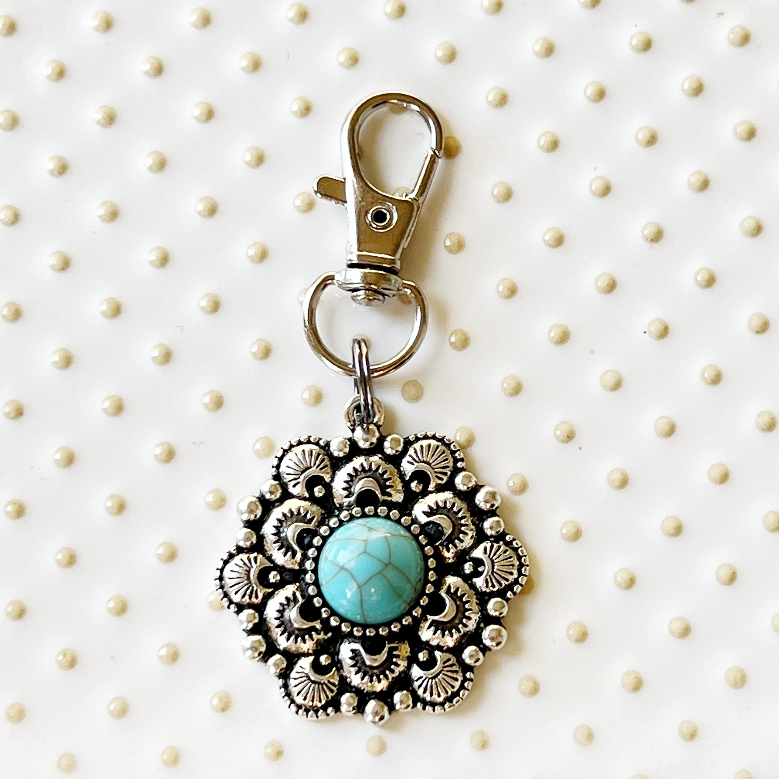 Silver Boho Western Medallion Turquoise Zipper Pull - Handmade Custom Zipper Charms for Backpacks, Purses & Camera Bags | Unique Keychain Accessories & Handbag Jewelry | Perfect for Boho Style, Western Fashion & Everyday Carry