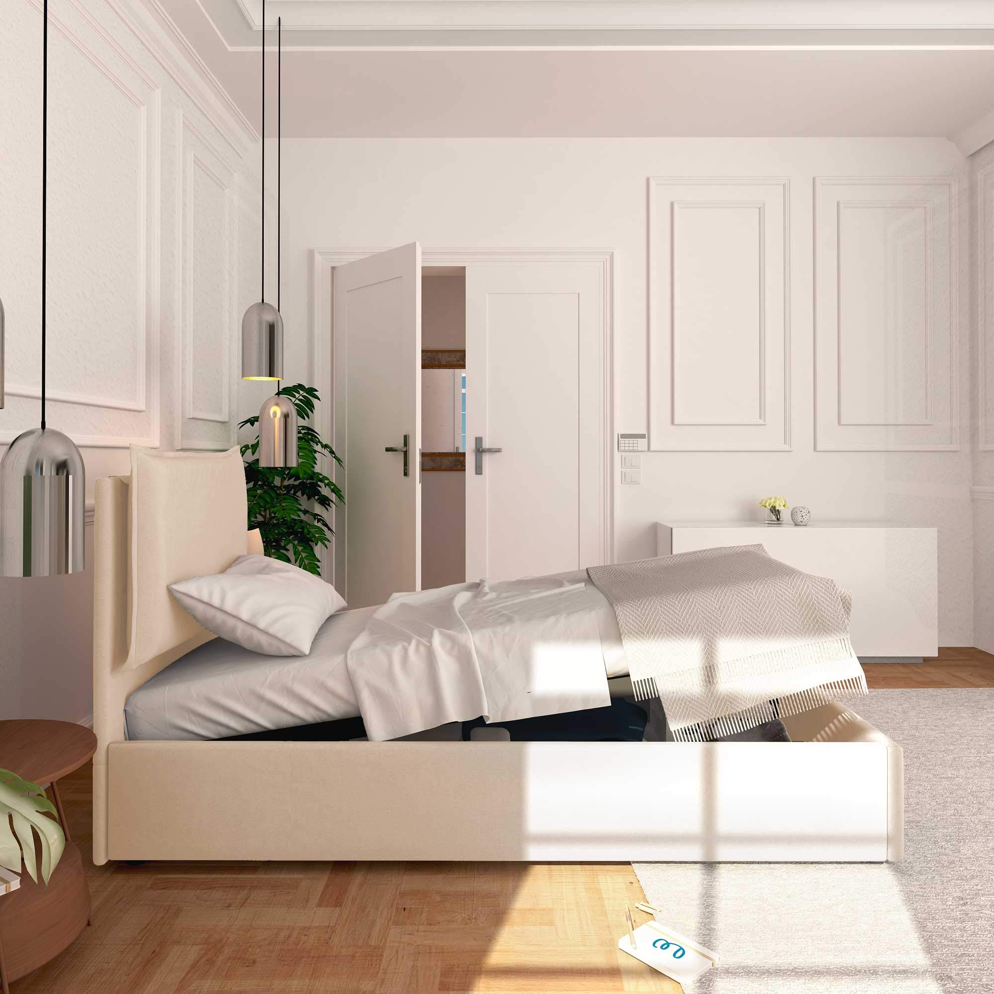 Baldiflex Single Bed with Storage - White Synthetic Leather Upholstered Frame, Slatted Base for 90x190cm Mattress, Thin Padded Headboard - Perfect for Small Bedrooms, Guest Rooms & Studio Apartments