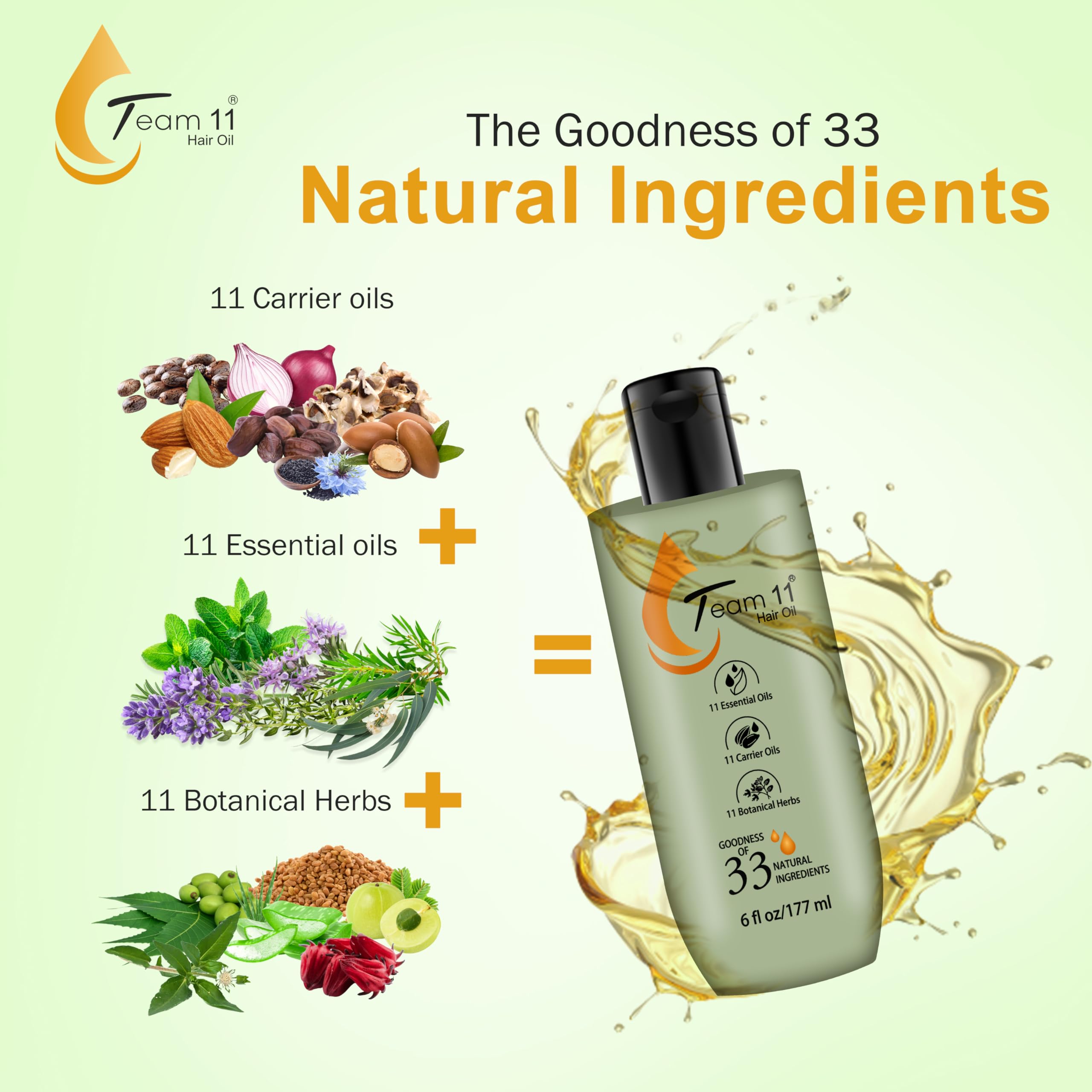 Team 11 Hair Growth Oil - Natural Blend with Argan, Jojoba, Rosemary & Castor Oils | Herbal Infusion with Amla, Brahmi & Bhringraj | 6oz for Stronger, Healthier Hair | Perfect for Daily Scalp Massage & Split End Treatment