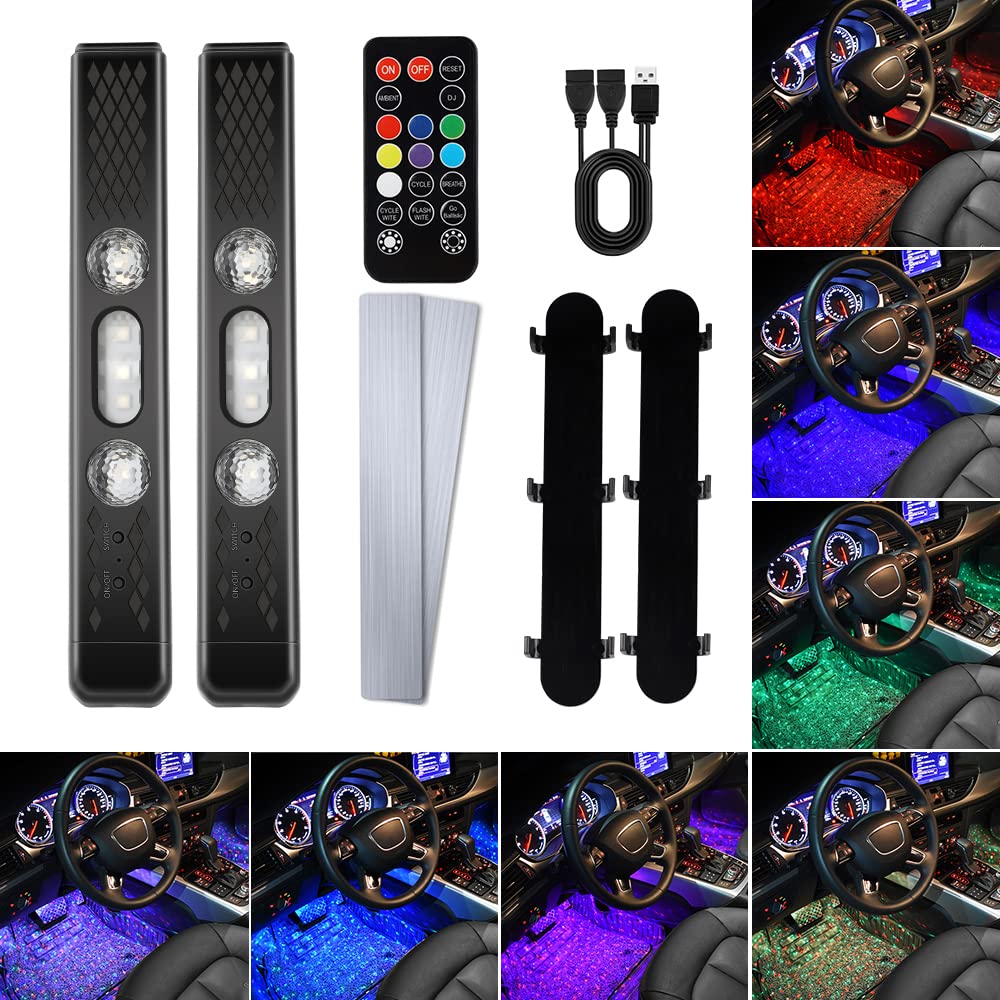 1797 LED USB Car RGB Interior Lights - Wireless Multi-Color Music Sync Lighting Kit with Remote (12V, Pack of 2) - Perfect for Footwell, Dash, and Interior Car Decoration - Red, Yellow, Blue, Purple, Pink