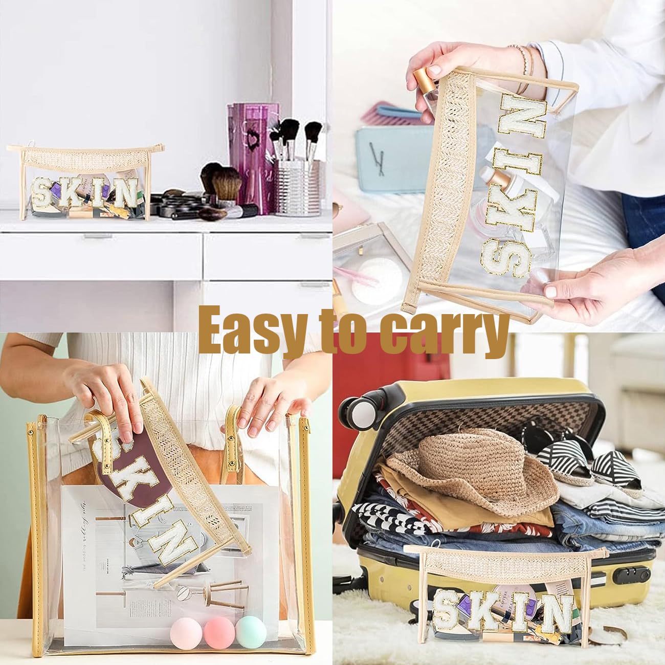 Clear Boho Beach Makeup Bag - Waterproof Travel Cosmetic Pouch for Women & Girls - Perfect for Beach Trips & Sunscreen Storage