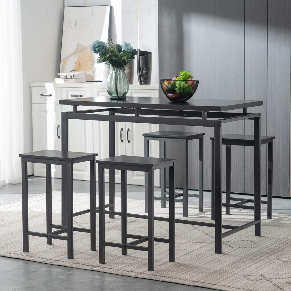 Modern 5-Piece Counter Height Dining Table Set - Wooden Table & Chairs for 4 with Metal Legs, Black Kitchen Furniture | Perfect for Breakfast Nook, Small Dining Room & Apartment Kitchen
