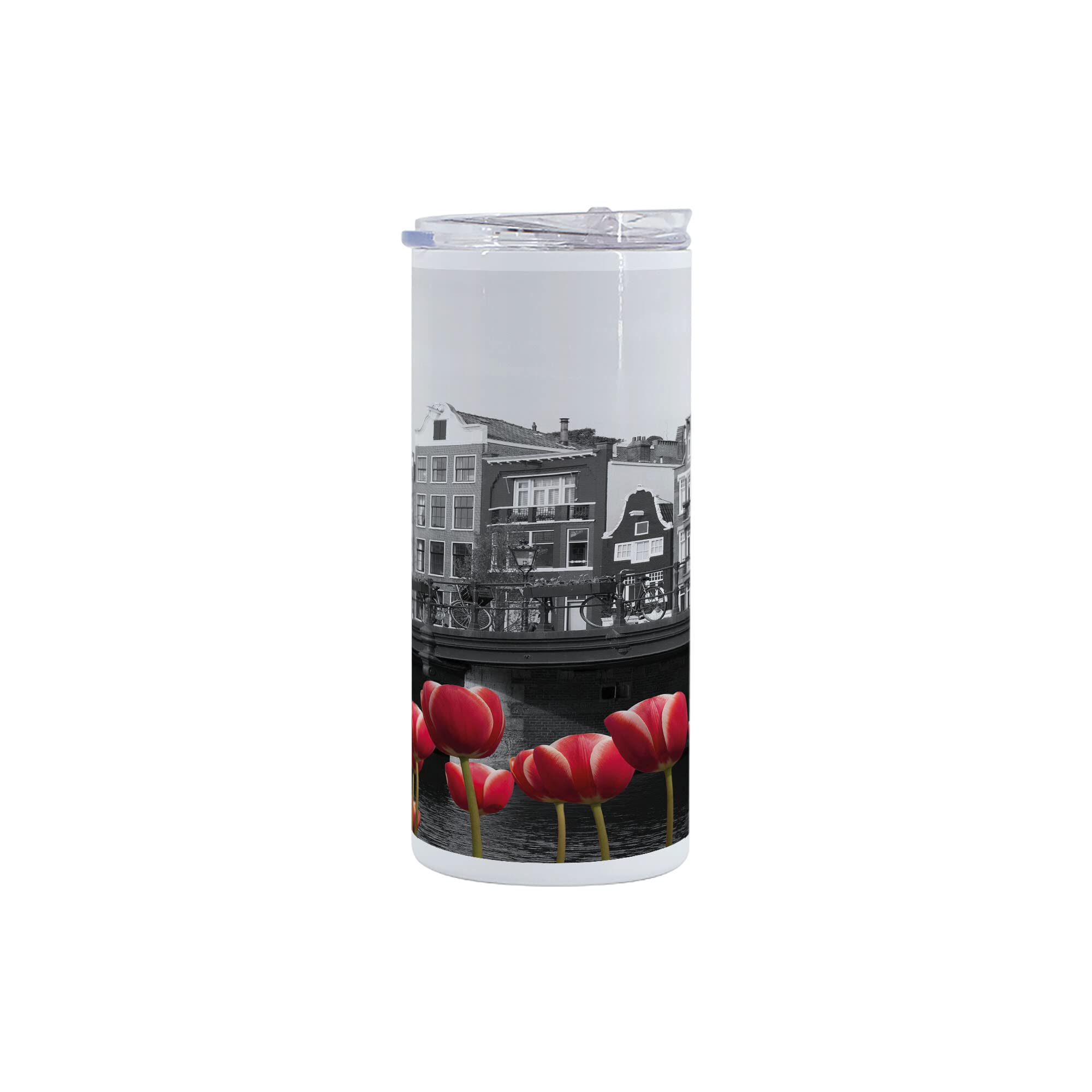Ambesonne Black and White 12 Oz Skinny Tumbler - Vacuum Insulated Travel Mug with Leakproof Lid, Monochrome Amsterdam Canal Photo with Red Tulips & Houses - Perfect for Coffee, Tea, or Cold Drinks at Work, Travel, Picnics, and Outdoor Adventures