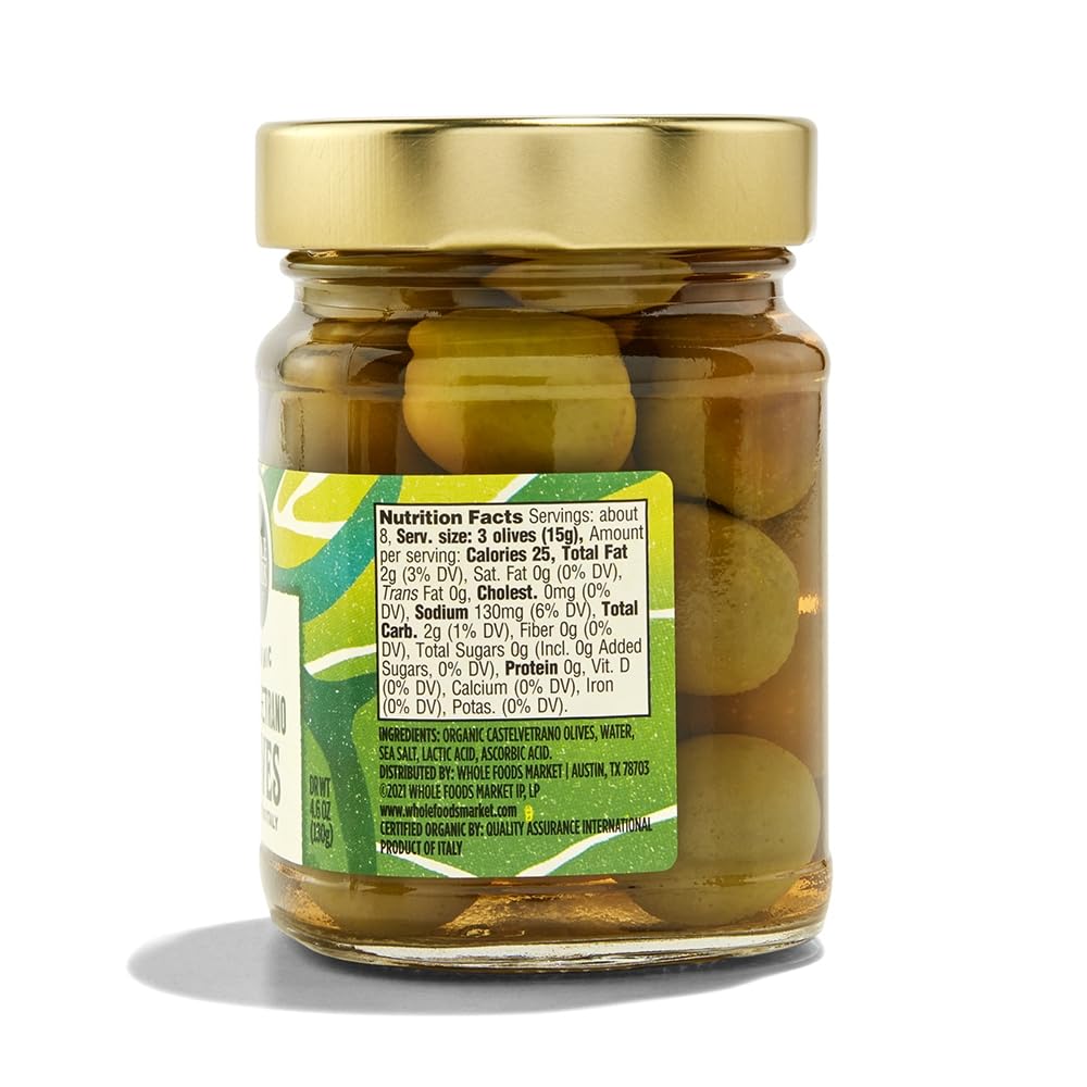 Organic Castelvetrano Olives from Whole Foods Market - 4.6 oz | Premium Italian Green Olives | Perfect for Salads, Charcuterie Boards & Mediterranean Recipes