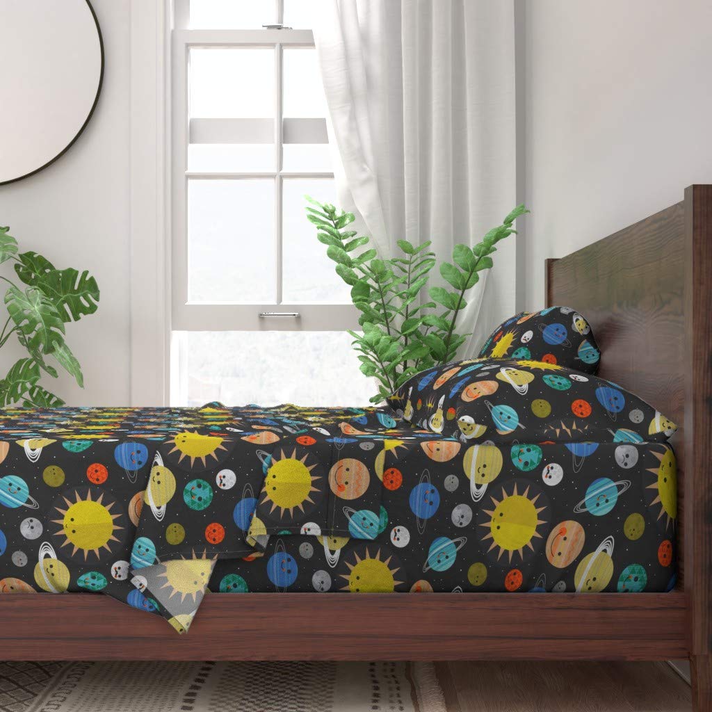 Solar System Galaxy Print 100% Cotton Queen Sheet Set - 4pc Space Planets Celestial Nursery Bedding for Kids & Teens Room Decor