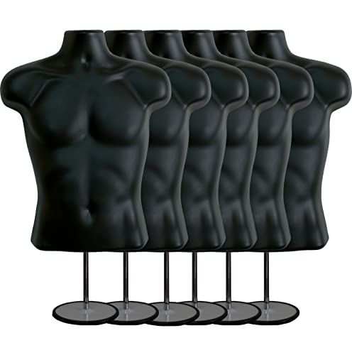 Black Male Mannequin Torso with Metal Stand - Hollow Back Display Dummy for Clothing Stores (6-Pack, S-M Size) - Perfect for Retail Stores, Fashion Boutiques & Photography Studios
