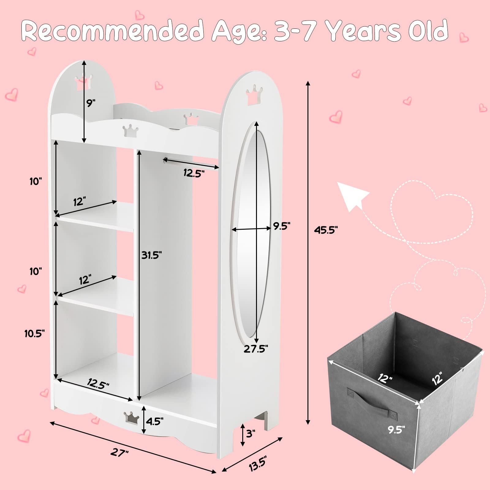 Costzon Kids Dress Up Storage Wardrobe with Mirror & Hangers - White Crown Pattern Toy Organizer for Pretend Play Costumes | Perfect for Bedroom & Playroom Organization | Toddler Closet & Dress Up Storage Solution
