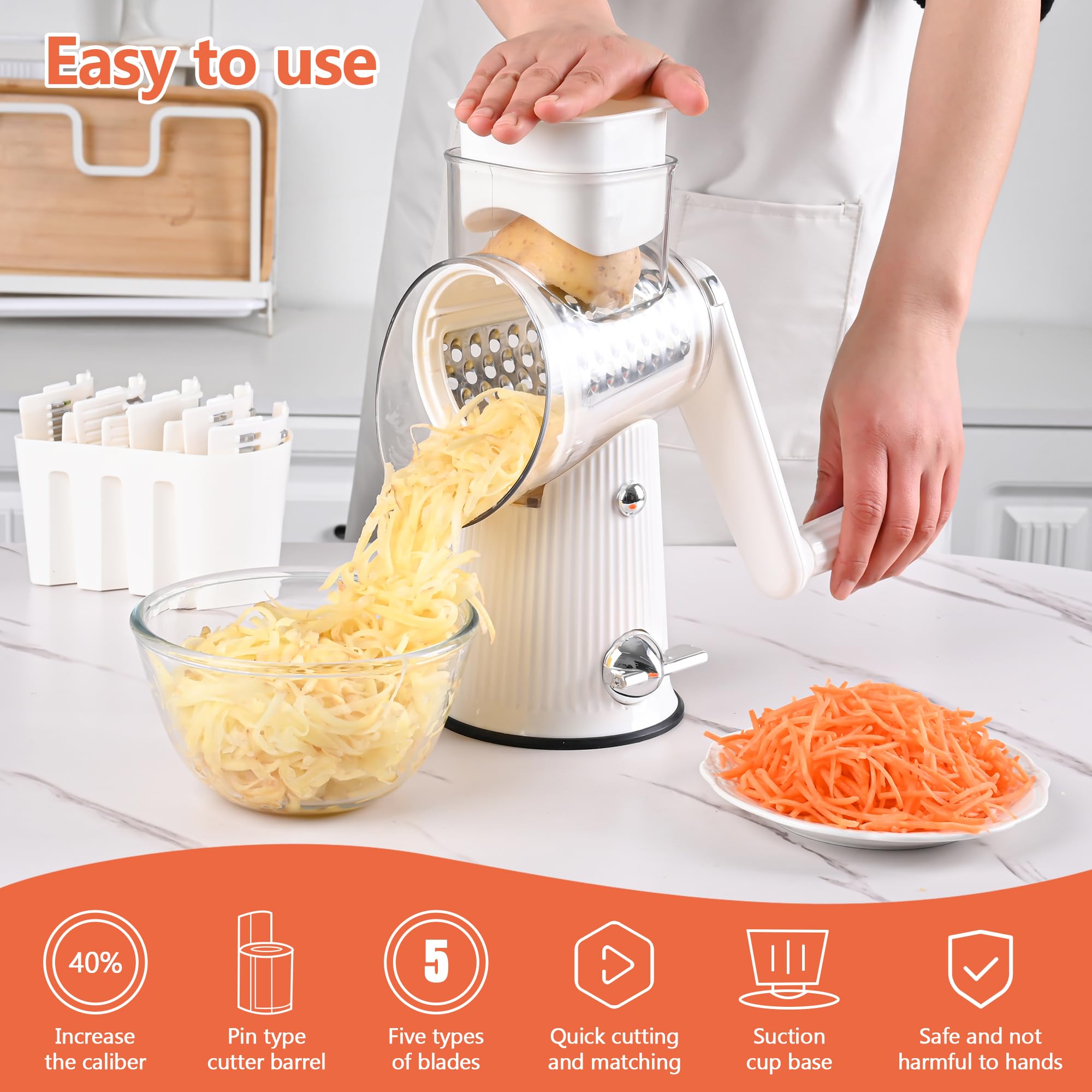 5-Blade Hand Crank Cheese Grater & Vegetable Slicer - White Kitchen Countertop Shredder with Handle, Nut Grinder & Cleaning Brush - Perfect for Pasta, Salads, Baking & Meal Prep