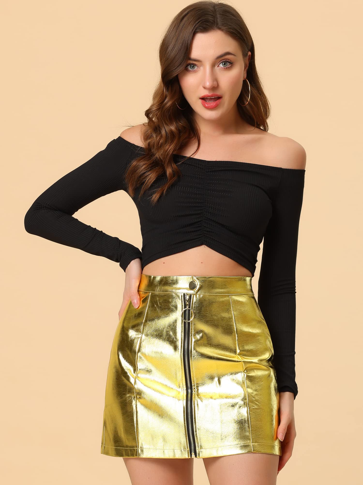 Allegra K Women's Metallic Mini Skirt - Shiny Holographic High Waist Zipper Short Skirt for Halloween Costume & Party Outfits - Perfect for Cosplay, Nightclub, and Festive Occasions