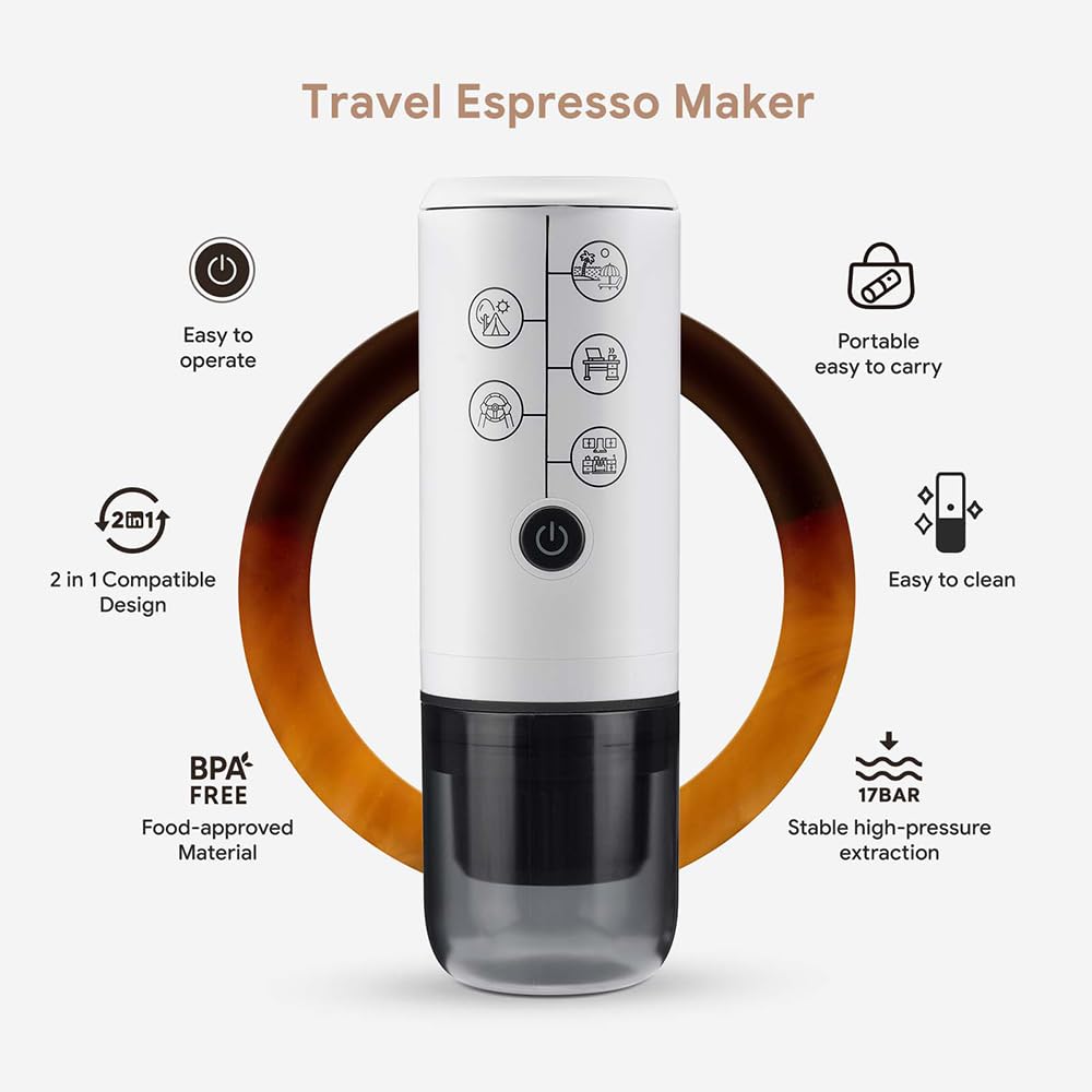 BENFUCHEN 3-in-1 Portable Espresso Machine - Type-C Rechargeable Electric Coffee Maker, 17 Bar Pressure Mini Espresso Machine Compatible with NESPRESSO/DolceGusto Pods & Ground Coffee - Perfect for Travel, Camping & Office Use - White