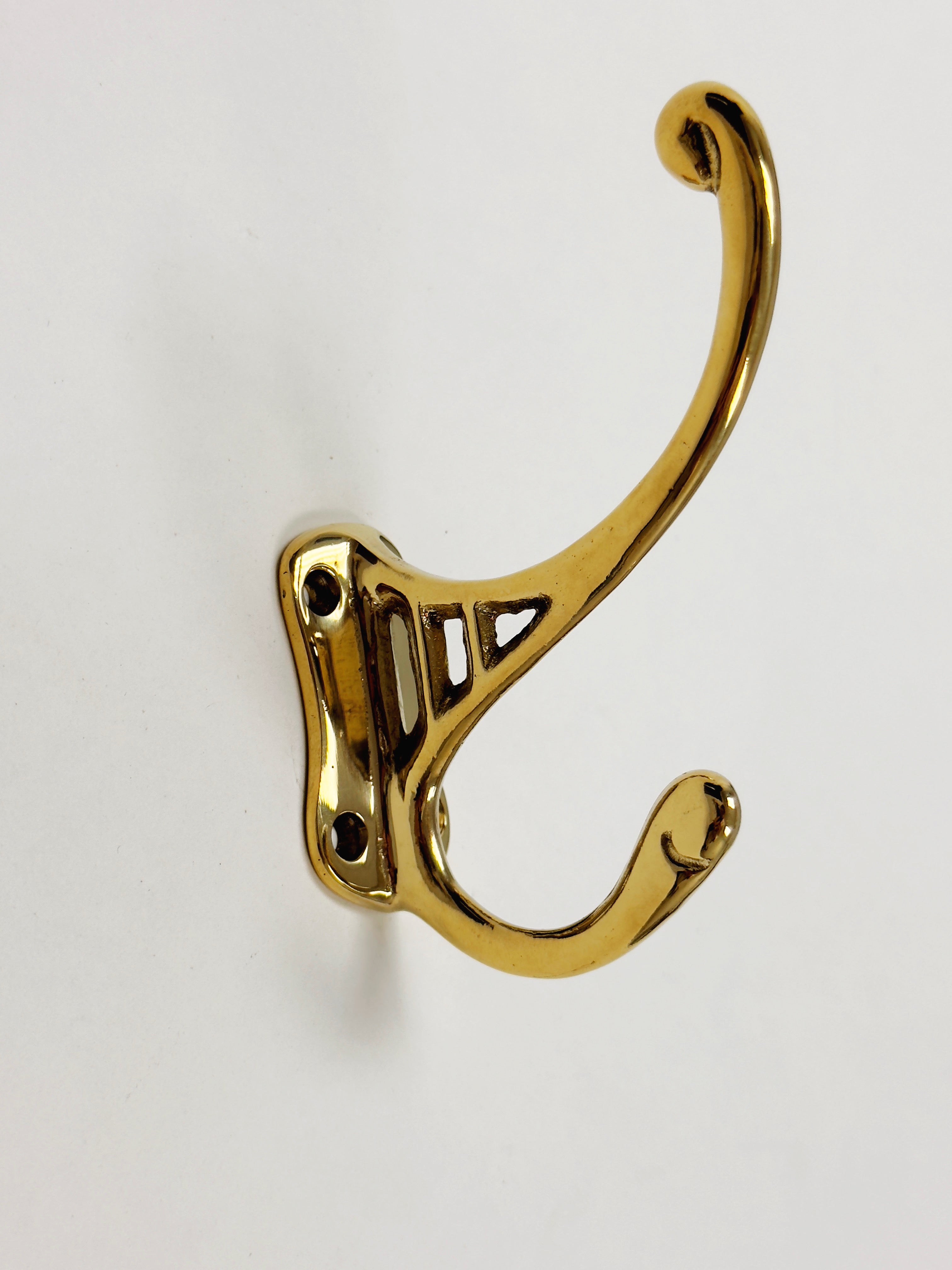 Vintage Style Polished Unlacquered Brass Double Wall Hook - Heavy Duty Coat Hanger for Entryway, Bathroom & Bedroom Organization