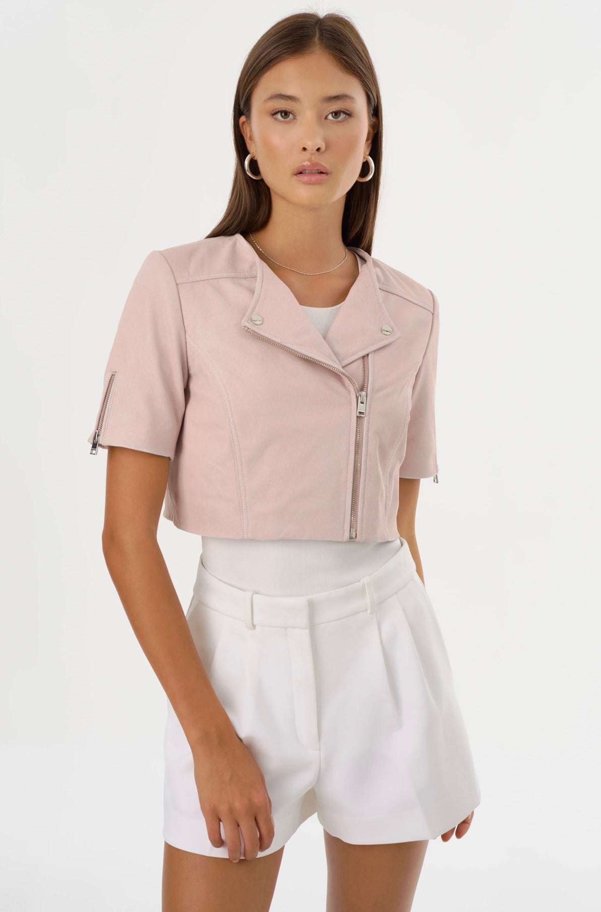 Kirsi Cropped Biker Jacket for Women - Pink Denim Motorcycle Jacket, Stylish Faux Leather Trim, Fashionable Outerwear for Casual Wear, Street Style & Night Out