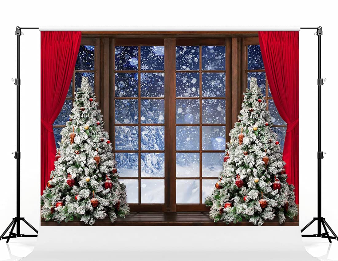 7×5ft Christmas Tree Window Snow Photo Backdrop - Red Curtain Bell Decor with Snowflakes for Xmas Photography, Holiday Studio Props | Perfect for Merry Christmas Pictures, Family Portraits & Festive Social Media Posts