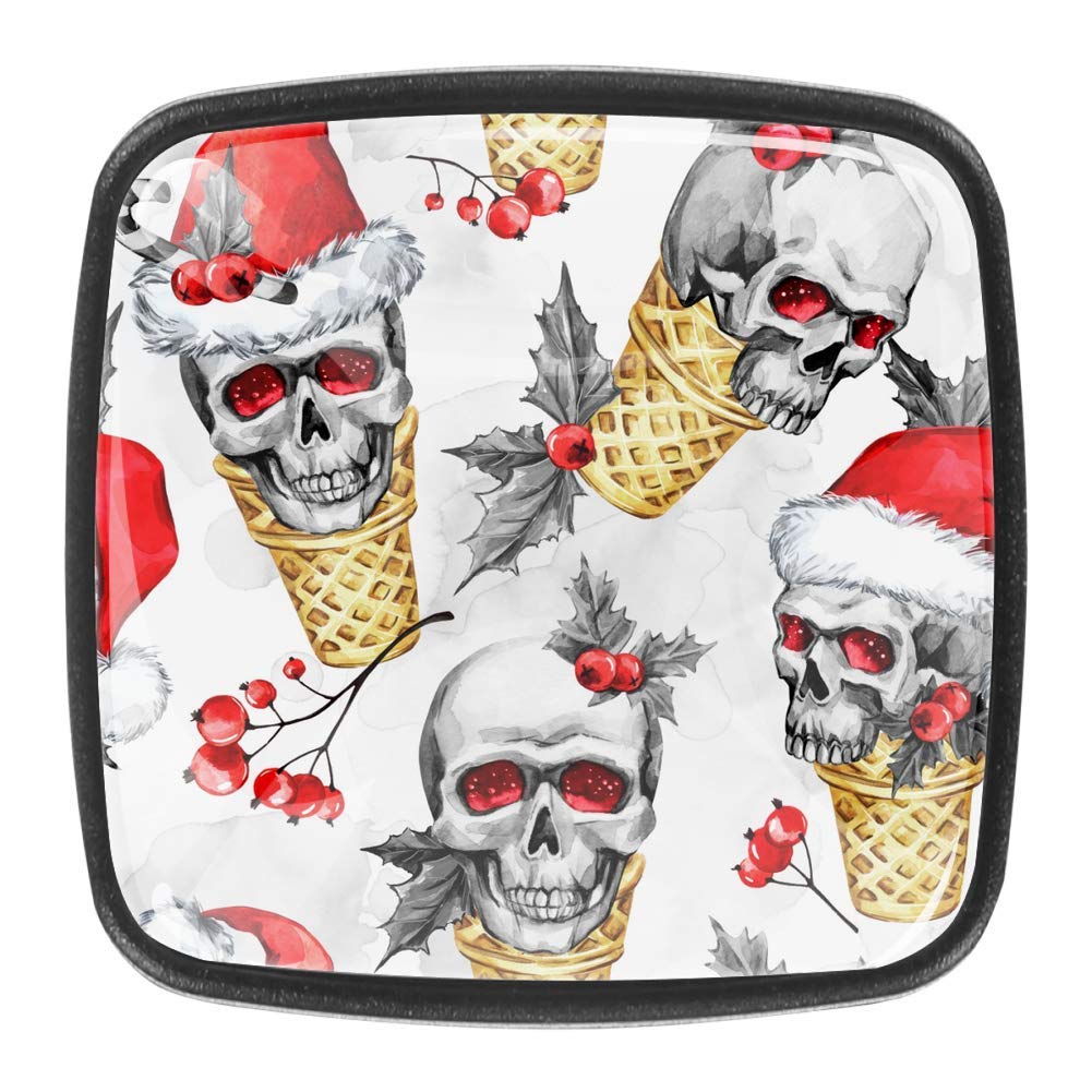 Watercolor Waffle Cones & Sketchy Skulls in Santa Hat - Crystal Glass Cabinet Knobs & Drawer Pull Handles - Perfect for Kitchen Cabinets, Dressers & Home Decor