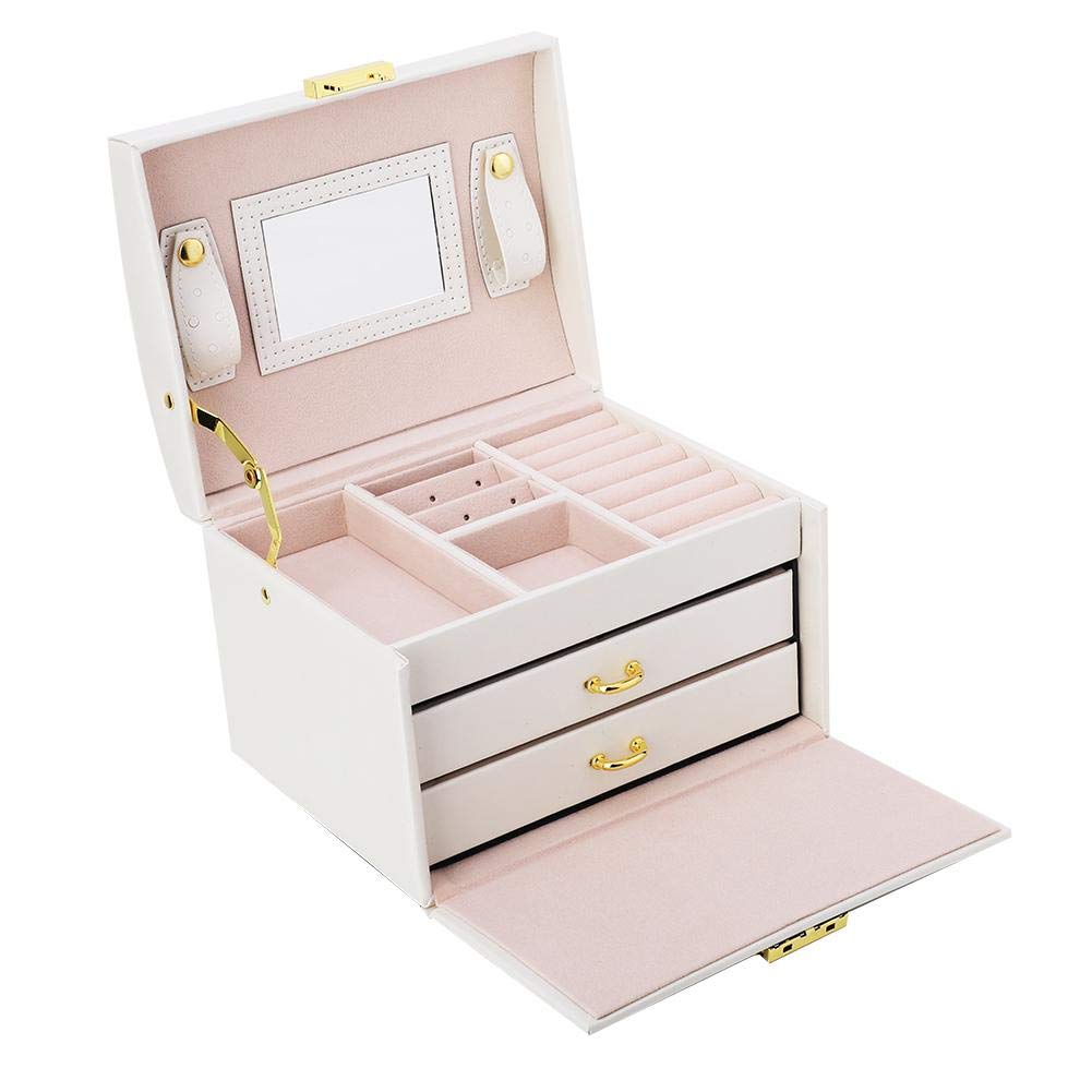 3-Tier Jewelry Box Organizer with Lock & Key - PU Leather Jewelry Storage Case with Mirror for Earrings, Rings, Necklaces & Bracelets - Perfect for Travel, Gifts & Bedroom Vanity (White)