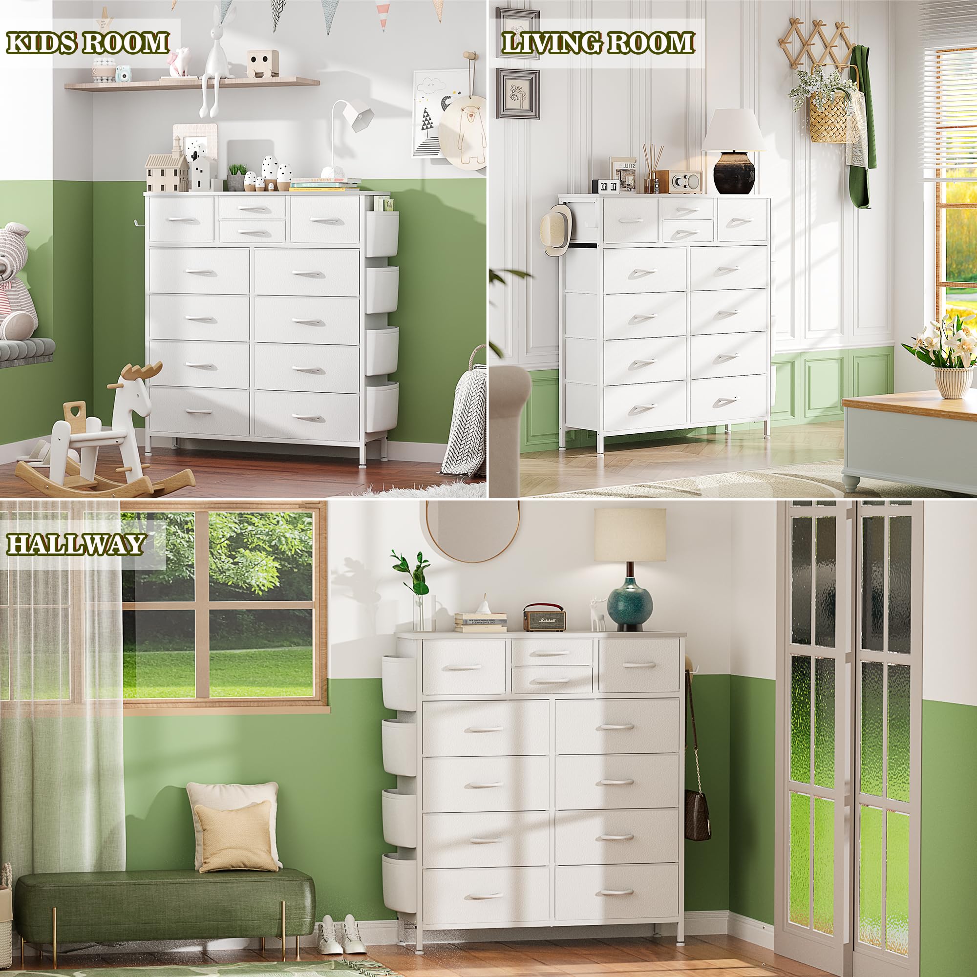 Lulive 12-Drawer Tall Dresser for Bedroom - Fabric Storage Tower with Side Pockets & Hooks - White Chest of Drawers for Closet Organization, Hallway Storage & Living Room Decor