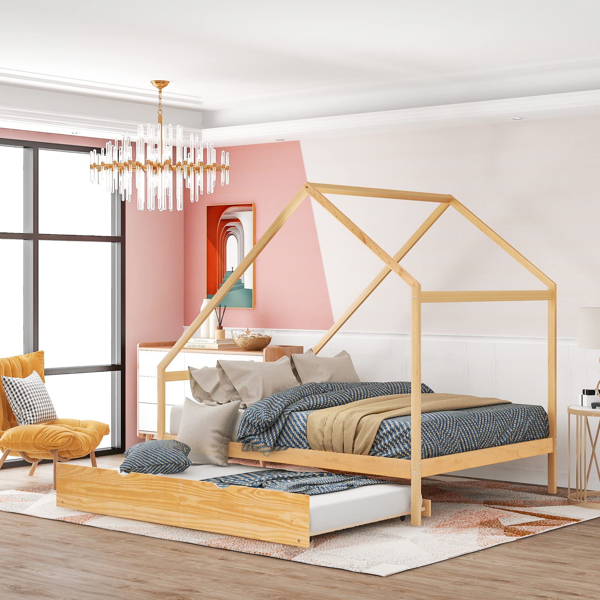 MERITLINE Full Size Wooden House Bed with Trundle - Kids Platform Bed Frame for Toddlers, Children & Teens - Natural Finish (Full/Twin Size) - Perfect for Bedrooms, Playrooms & Sleepovers