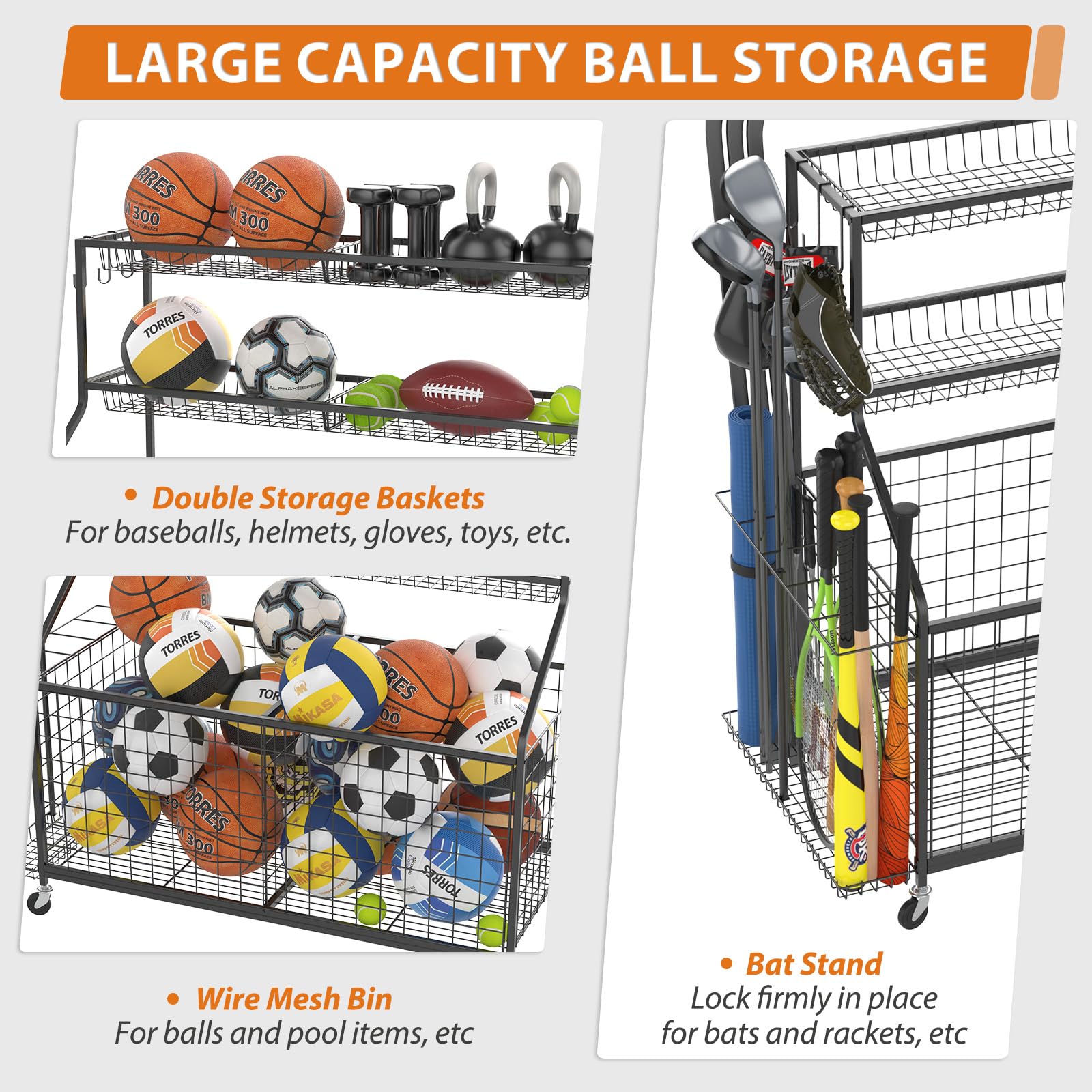 Gadroad Rolling Sports Ball Storage Cart with Baskets & Hooks - Garage Organizer for Basketball, Soccer, Football Equipment - Heavy-Duty Black Sports Gear Rack for Home, Gym, and Playroom Organization