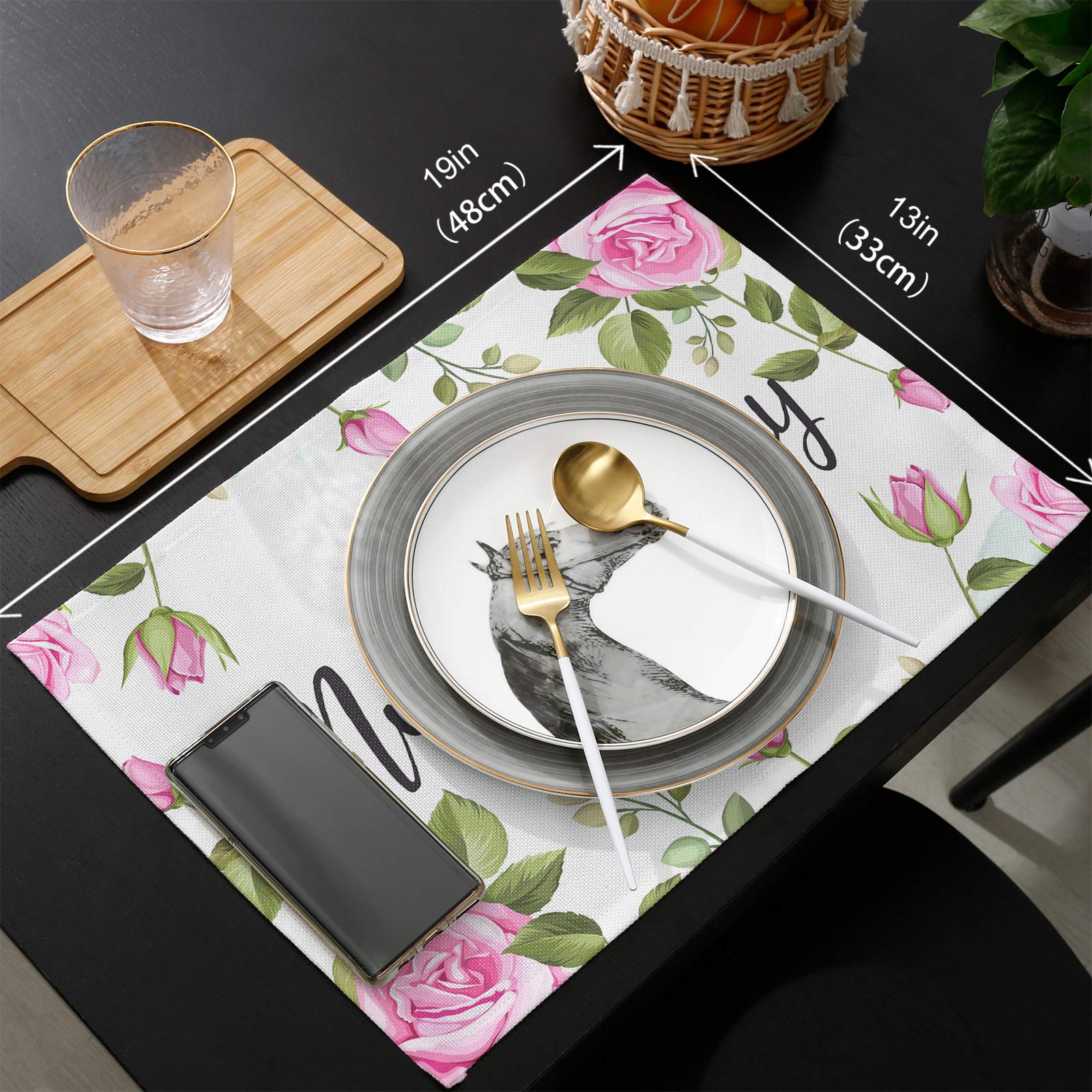 72 Inch Floral Cotton Linen Table Runner with 6 Matching Placemats Set - Heat Resistant Dining Table Decor for Mother's Day, Wedding, and Holiday Dinner Parties - Elegant Table Setting for Formal Occasions and Home Entertaining