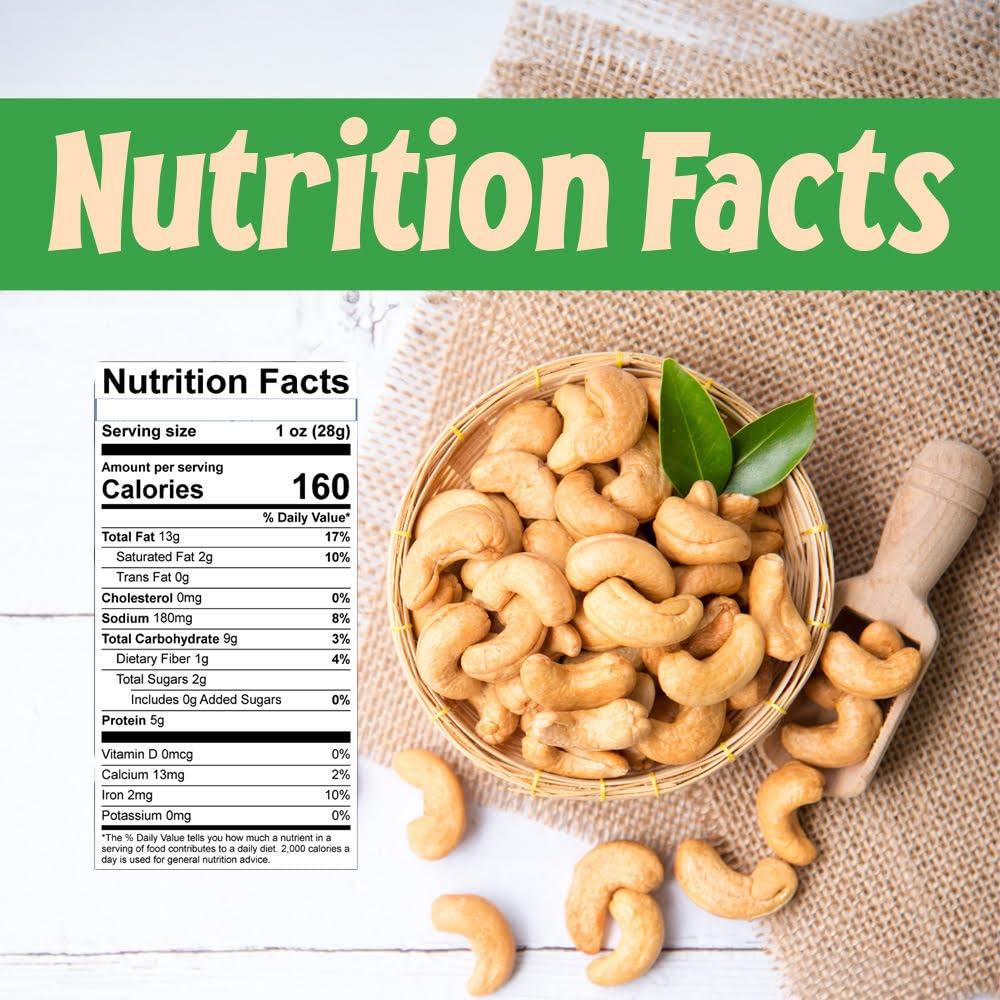 Premium Jumbo Cashews Roasted & Unsalted – 1 lb Bag | Kosher Certified Healthy Snack | High Protein, Vitamins & Minerals | Gourmet Quality Nuts for Baking, Cooking & Healthy Snacking