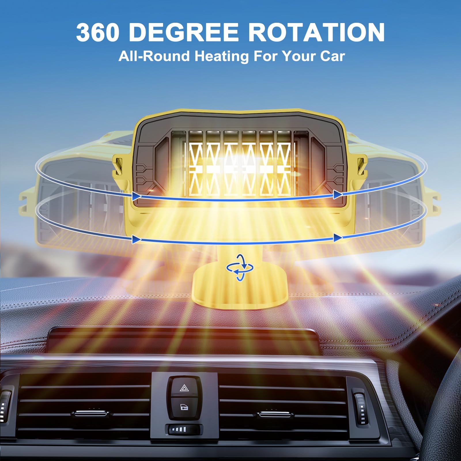 12V Portable Car Heater & Cooler - 2-in-1 Fast Heating/Cooling Fan with 360° Rotatable Base for Vehicles - Plug into Cigarette Lighter - Ideal for Winter Warmth & Summer Cooling (Yellow) - Perfect for Road Trips, Camping & Cold Morning Commutes